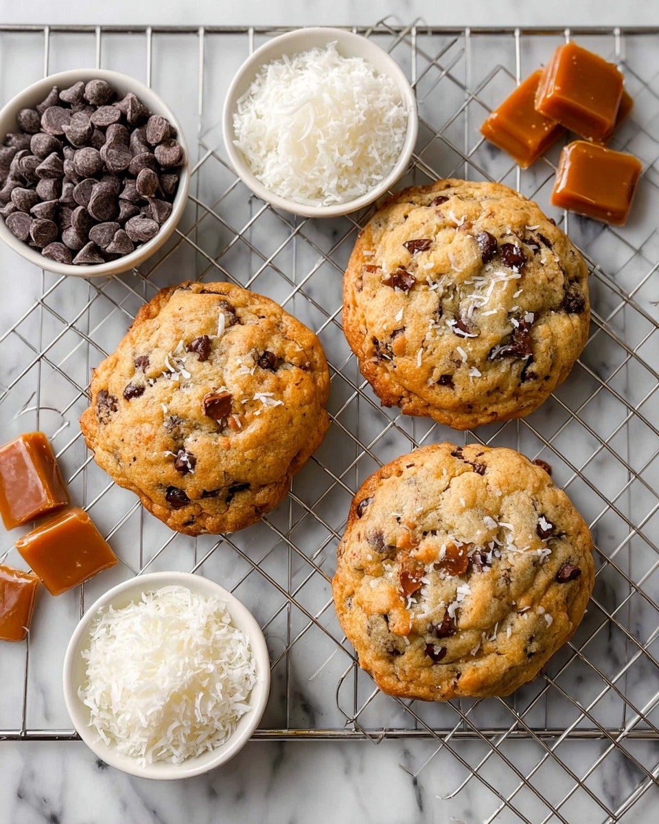 The image shows three thick, round cookies with a golden-brown top and visible dark chocolate chips throughout, placed on a wire cooling rack. Around the cookies, there are small white bowls holding shredded coconut and dark chocolate chips, and several pieces of caramel are arranged to the side. The wire rack and bowls are set on a white marbled surface, highlighting the warm tones of the cookies and the ingredients. photo taken with an iphone --ar 4:5 --v 7