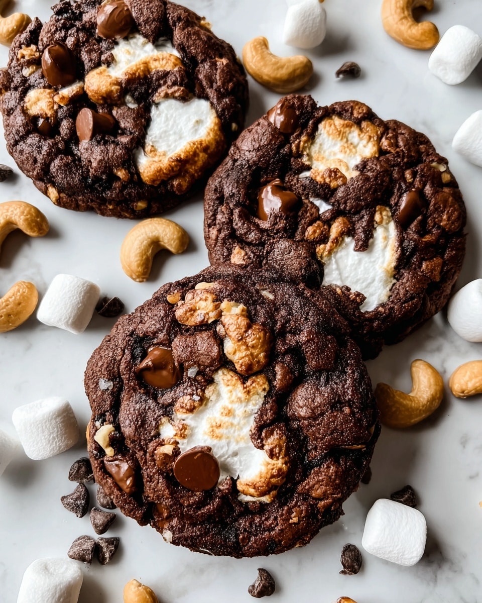 The image shows three dark brown chocolate cookies with soft, slightly bumpy textures. Each cookie has melted white marshmallow patches and smooth chocolate chips spread across the surface. The cookies rest on a white marbled surface scattered with whole cashew nuts, white marshmallows, and chocolate chips around them. The overall look is rich and inviting with a mix of rough and smooth textures. photo taken with an iphone --ar 4:5 --v 7