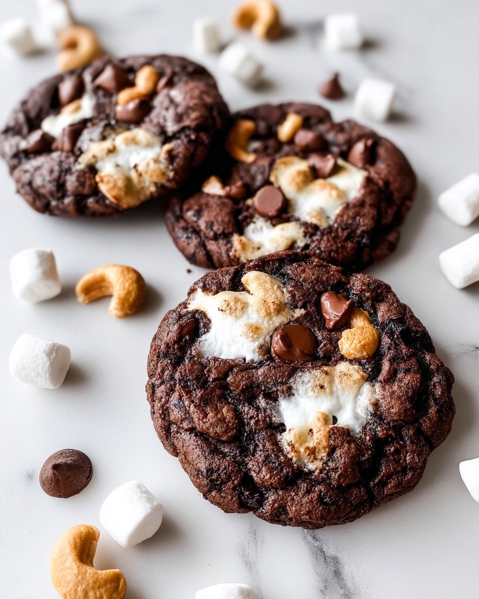 Three dark chocolate cookies lie on a white marbled surface, each thick with a rough texture and visible gooey white marshmallow patches and melted chocolate chips scattered throughout. Around the cookies, small white mini marshmallows, dark chocolate chips, and light brown curved cashew nuts are spread loosely, adding color contrast. The cookies have an uneven, homemade look with slightly cracked tops revealing the soft marshmallow centers photo taken with an iphone --ar 4:5 --v 7