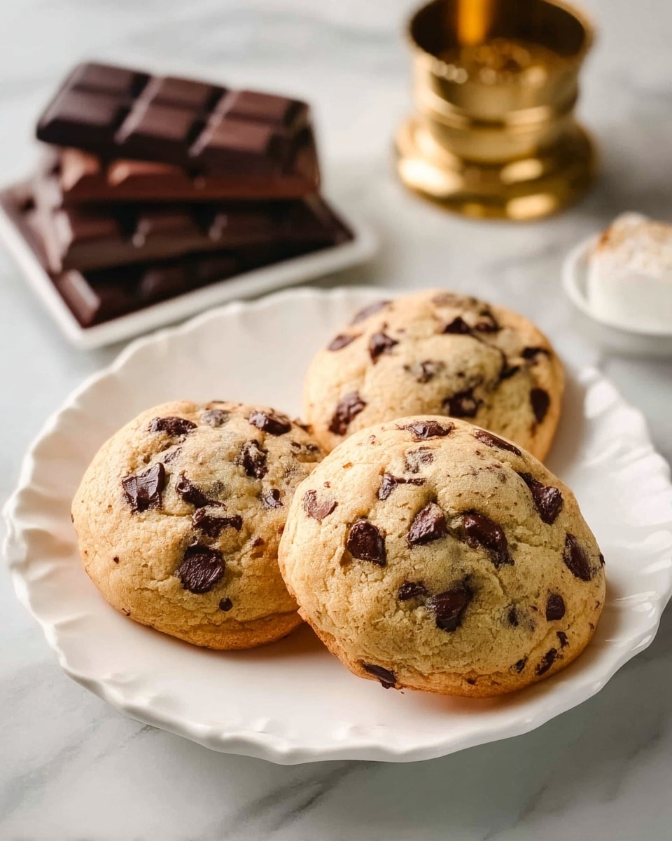 Three thick, round chocolate chip cookies with a golden-baked surface and visible dark brown chocolate chips are placed close together on a white plate with a scalloped edge. Behind the plate, on the left side, there are several stacked pieces of dark chocolate bars. On the right side behind the plate, there is a shiny gold grinder. The setting is on a white marbled surface. The lighting is soft and natural, highlighting the texture of the cookies and chocolate. photo taken with an iphone --ar 4:5 --v 7