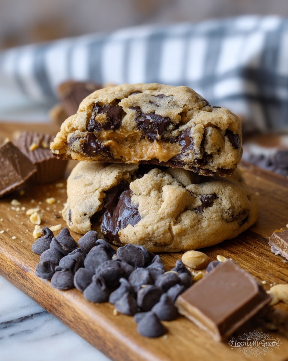 Two thick, chunky cookies sit on a wooden board, both with a golden-brown color and a soft, crumbly texture. The top cookie is slightly lifted, showing melted dark chocolate pieces inside, while the bottom cookie reveals smaller nuts and more chocolate chunks mixed in. In front of the cookies are scattered dark chocolate chips and broken pieces of a peanut butter cup. The background includes a soft white marbled surface and a blurry checkered cloth. Photo taken with an iphone --ar 4:5 --v 7