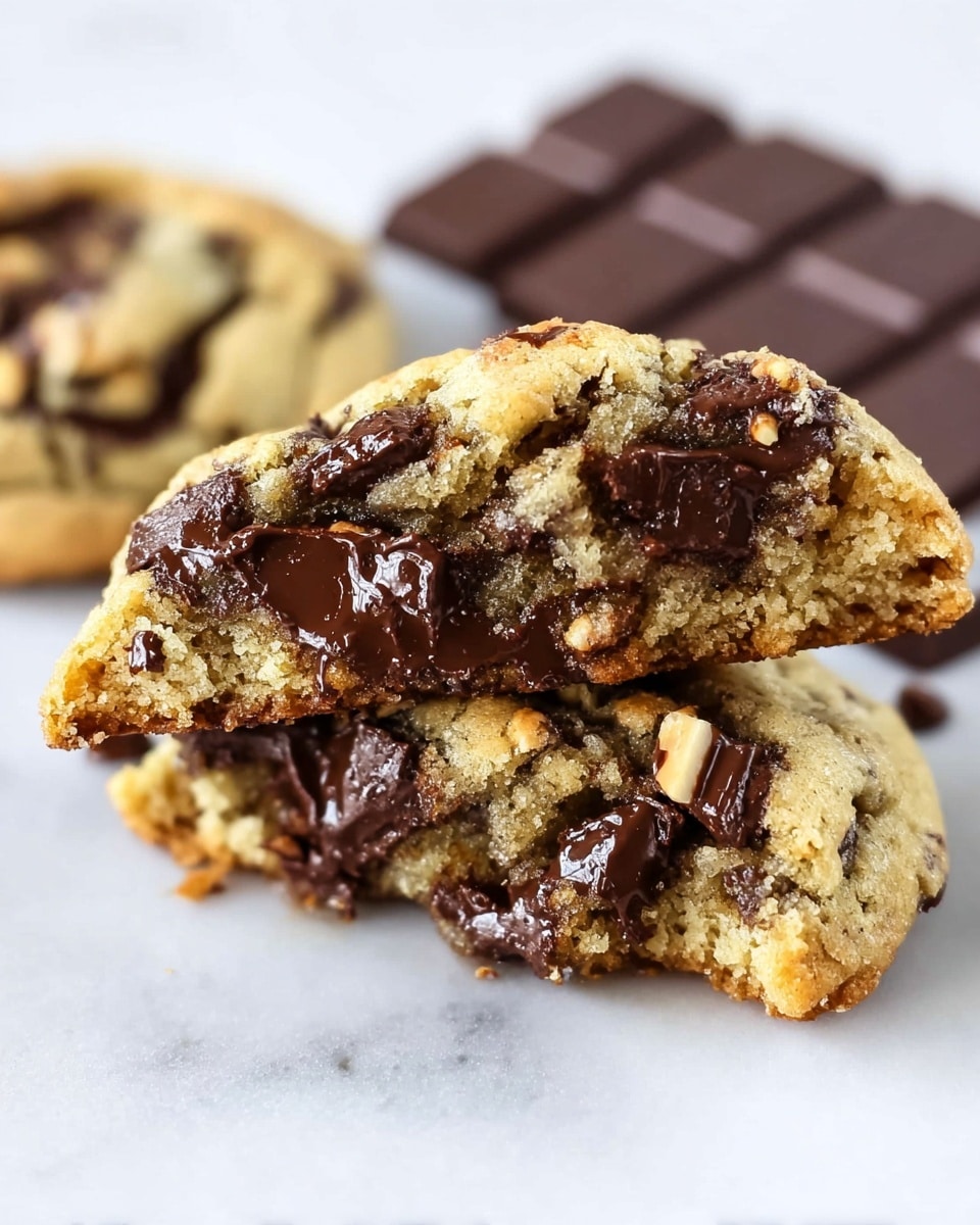 The image shows a close-up of a cookie broken in half to reveal its inside. The cookie has two layers: a golden-brown baked outer edge with a soft, slightly crumbly texture and a thick inner layer filled with melted dark brown chocolate chunks and light brown nut pieces. The melty chocolate is glossy and unevenly spread throughout the cookie's inside. In the background, there is another cookie and a dark chocolate bar with square segments, placed on a clean white marbled surface. The photo taken with an iphone --ar 4:5 --v 7