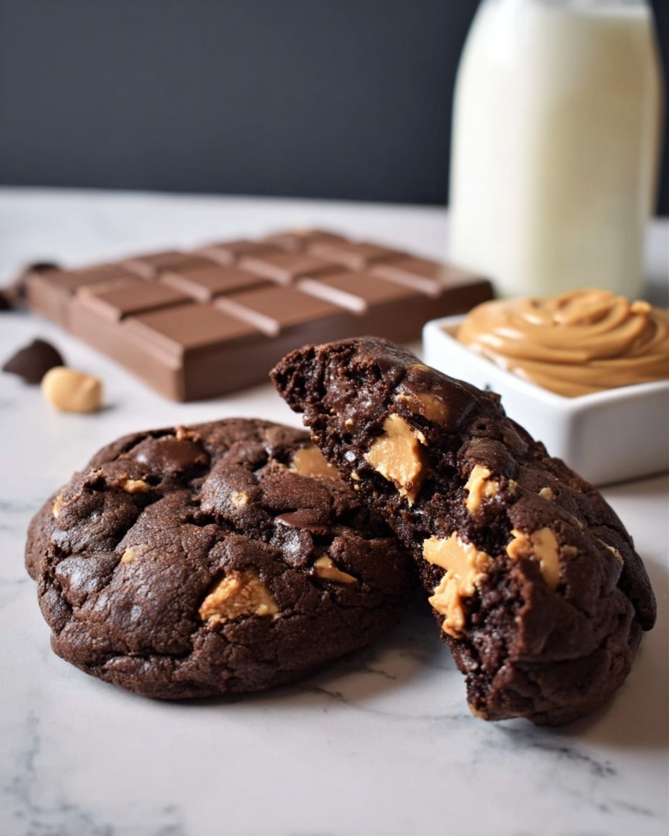 Two dark brown chocolate cookies with chunks of light tan peanut butter visibly mixed inside sit on a white marbled surface. One cookie is whole and flat, showing a smooth yet bumpy texture, while the other is broken in half, revealing a dense, moist, and rich inside with scattered peanut butter pieces throughout. In the background, there is a tall glass bottle filled with white milk, a bar of chocolate with its square segments visible, and a white dish holding a smooth dollop of peanut butter. The overall scene has a cozy, inviting feel. photo taken with an iphone --ar 4:5 --v 7