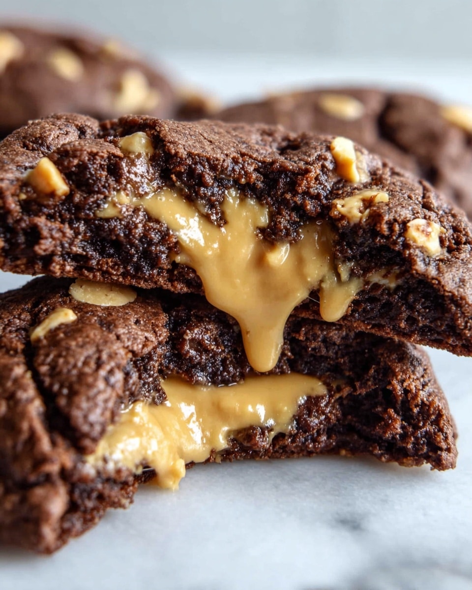 The image shows a close-up of a thick, soft chocolate cookie that is broken in half, revealing a creamy peanut butter filling oozing out from the center. The cookie has a rough, cracked texture with dark brown tones and bits of peanut visible on the surface. The peanut butter filling inside is smooth and light beige, slightly melting and dripping down. The cookie sits on a white marbled surface with a blurred background. photo taken with an iphone --ar 4:5 --v 7