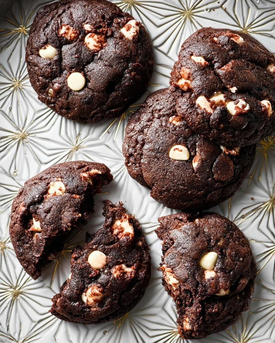 The image shows five dark chocolate cookies with white and milk chocolate chips scattered on the surface, giving a speckled look. Three of the cookies are whole, round with rough textures, and two are broken in halves, showing a soft inside with melted chocolate chips. The cookies lie on a plate with a white marbled texture decorated with geometric starburst-like patterns. The cookie colors are mainly rich dark brown with creamy white and light brown spots from the chocolate chips. photo taken with an iphone --ar 4:5 --v 7