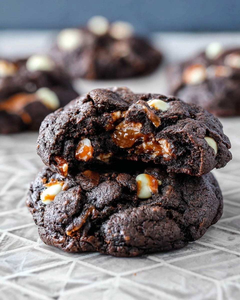 The image shows a stack of two dark chocolate cookies with rough, cracked surfaces, speckled with white chocolate chips and small orange-brown caramel bits. The top cookie is slightly broken, revealing a soft, moist inside with visible white chocolate chunks and caramel pieces. Two more similar cookies are blurred in the background, all placed on a white marbled textured surface with a geometric pattern. Photo taken with an iphone --ar 4:5 --v 7