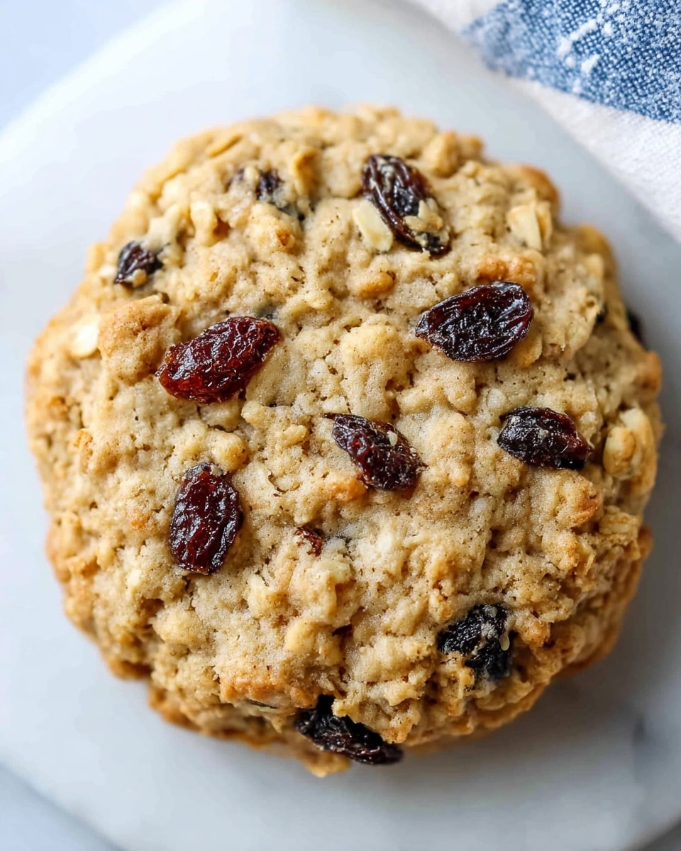 The image shows one oatmeal raisin cookie placed on a white marbled surface. The cookie is round and thick with a rough texture, featuring a light golden-brown color on its surface. Scattered across the cookie are several dark brown raisins that create contrast with the lighter oatmeal dough. The cookie’s edges appear slightly crisp with some visible oats throughout the dough, giving it a rustic look. There is a white plate partly visible to the left, and a blue and white cloth can be seen in the corner. photo taken with an iphone --ar 4:5 --v 7