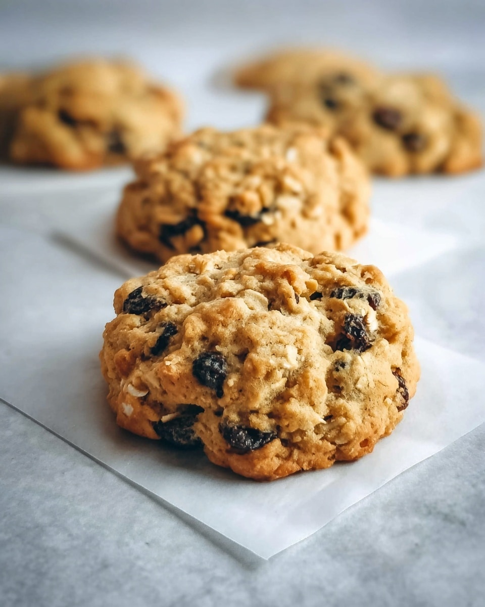 The image shows three oatmeal raisin cookies placed on white square paper on a white marbled surface. Each cookie is thick and round with a bumpy texture, golden brown in color with visible dark raisins and bits of oats scattered evenly throughout. The cookies have a slightly rough and crumbly surface, with some small cracks and crevices giving them a homemade look. The background is softly blurred with more cookies in the distance. photo taken with an iphone --ar 4:5 --v 7