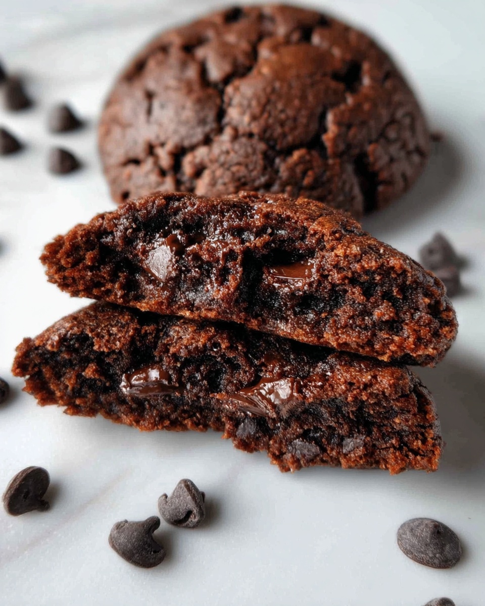 A close-up view of a thick chocolate cookie, split in half to show its inside layers full of melted dark chocolate chips, with a dense and moist texture in shades of deep brown. Behind it, a whole cookie rests, showing a rough, bumpy surface with the same dark chocolate tones. The cookies sit on a white marbled surface with scattered dark chocolate chips around them. photo taken with an iphone --ar 4:5 --v 7