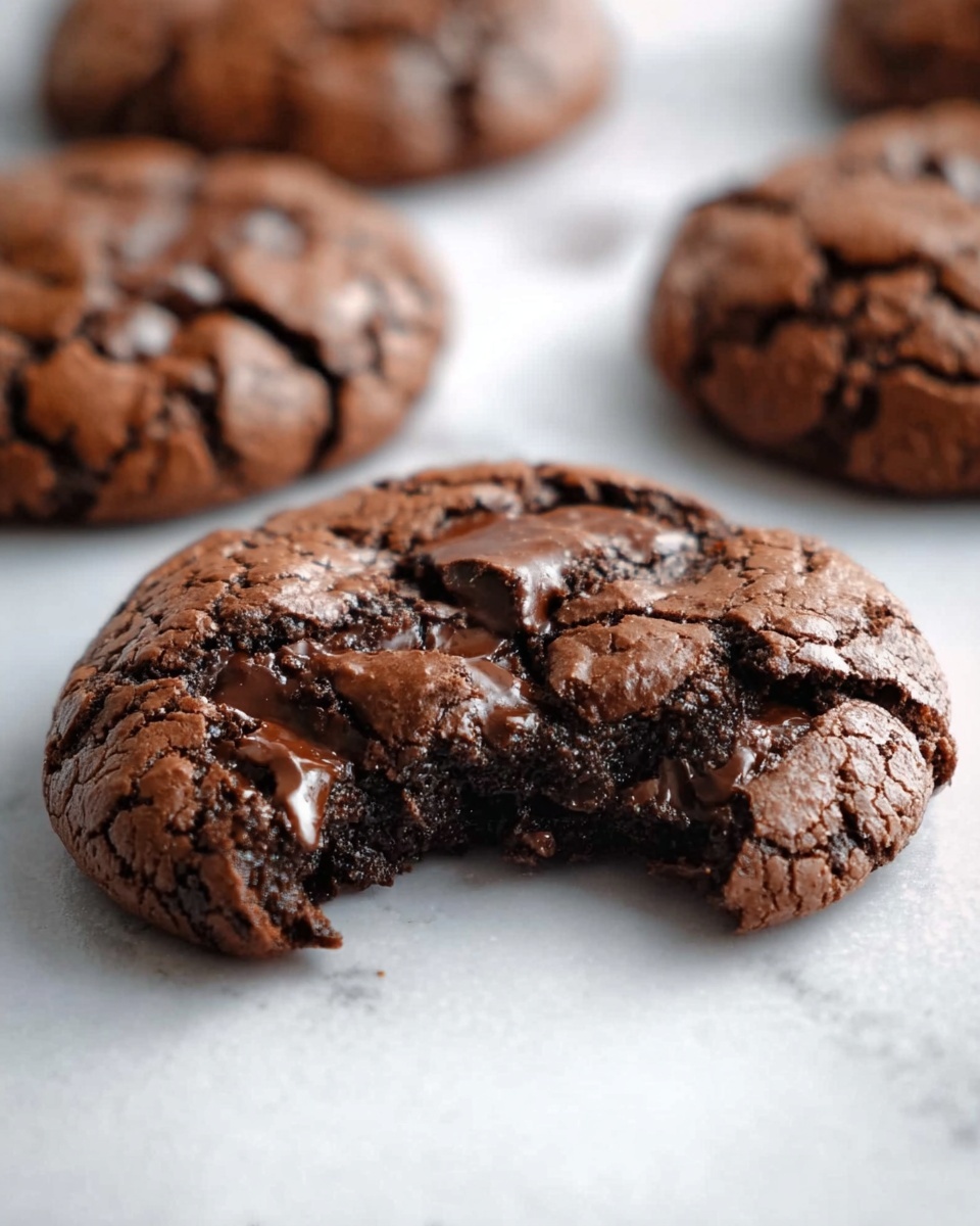 A close-up of a single chocolate cookie with a rough, cracked surface showing melted chocolate pieces inside, placed on a white marbled texture surface. Behind it, there are three more blurry chocolate cookies, all with a similar cracked and rough texture. The colors are rich dark brown and chocolate tones, highlighting the moist and soft inside of the cookie. Photo taken with an iphone --ar 4:5 --v 7
