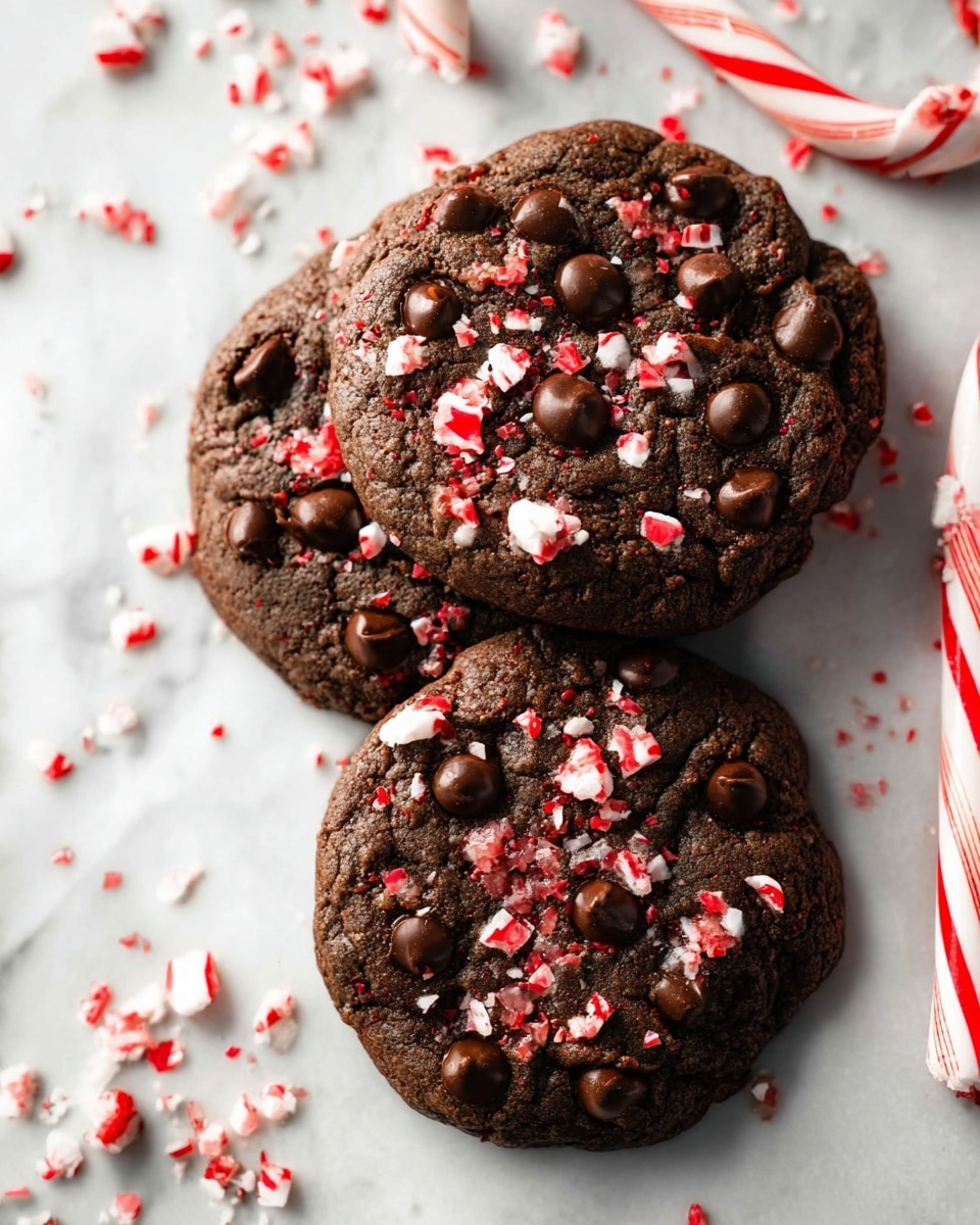 Three thick chocolate cookies with a rough surface, filled with dark brown chocolate chips and sprinkled generously with small red and white crushed candy pieces on top. The cookies sit directly on a white marbled surface with scattered crushed candy bits around them. To the right, there is a white and red striped candy cane partly visible. The lighting highlights the texture, making the cookies look soft and rich. photo taken with an iphone --ar 4:5 --v 7