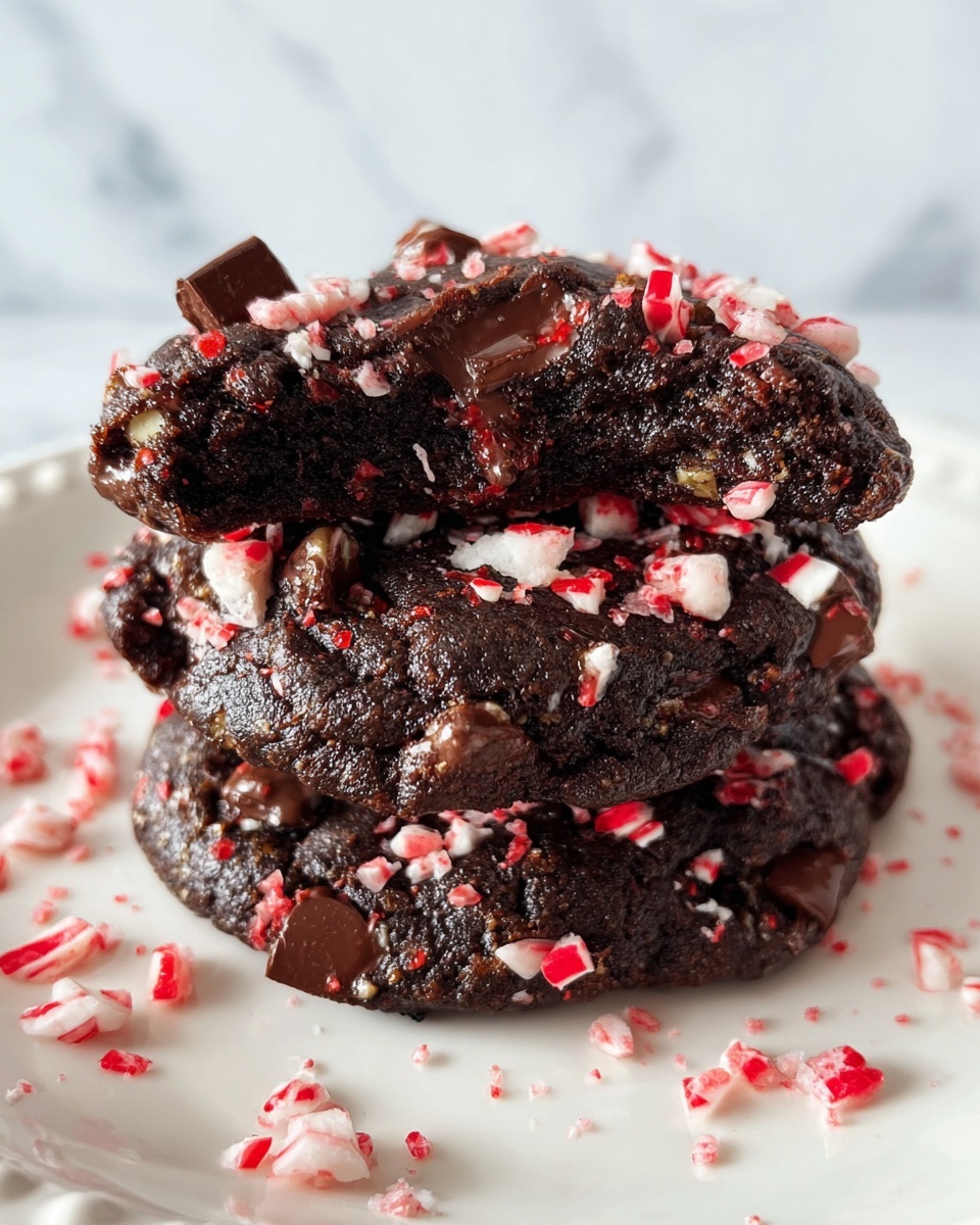 A stack of three thick dark chocolate cookies is shown on a white plate with a delicate edge, placed on a white marbled surface. Each cookie is dense and textured with melted dark chocolate chunks and sprinkled with small pieces of red and white crushed candy scattered on and around the cookies. The cookies have a rich, slightly shiny appearance from the melted chocolate, and the crushed candy pieces add bright spots of color and a crunchy texture contrast. photo taken with an iphone --ar 4:5 --v 7