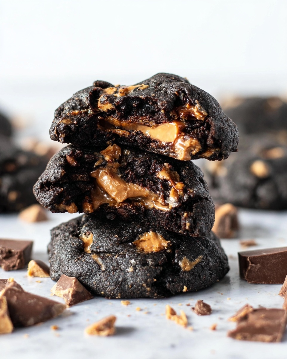 The image shows a stack of three dark chocolate cookies with visible chunks of light brown peanut butter mixed in, giving a marbled effect inside. The top cookie is broken in half, revealing the soft inside with melted peanut butter pieces spread unevenly. The cookies have a rough, crinkled surface with a matte black color contrasted by shiny patches of chocolate and peanut butter. Around the stack, there are more cookies out of focus and scattered broken bits of dark and peanut butter chocolate on a white marbled surface. The lighting is bright and soft, emphasizing the rich colors and textures of the cookies. Photo taken with an iphone --ar 4:5 --v 7