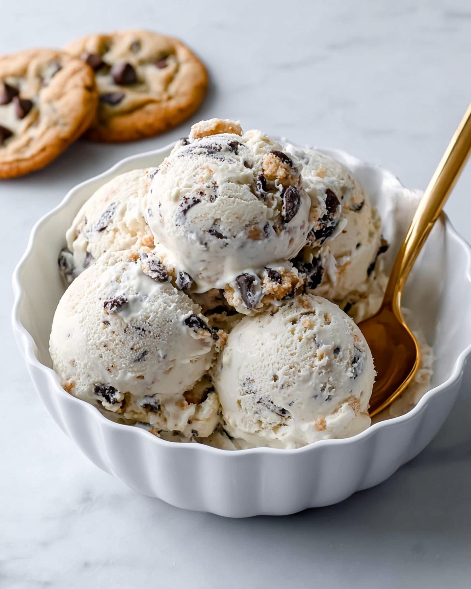 The image shows a white bowl with scalloped edges filled with five rounded scoops of creamy white cookie dough ice cream mixed with visible chunks of dark chocolate and cookie pieces. A gold spoon is placed inside the bowl on the right side. In the background, three chocolate chip cookies are on a white marbled surface. The ice cream looks soft and creamy with a slightly melted texture near the edges photo taken with an iphone --ar 4:5 --v 7