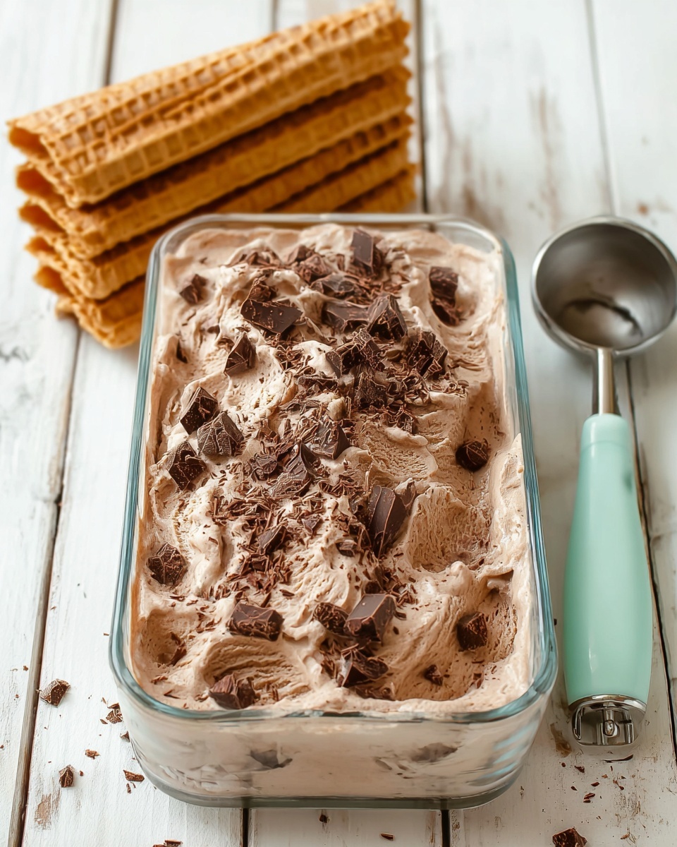 The image shows a clear rectangular glass container filled with a creamy, light brown chocolate ice cream base. The ice cream is smooth with soft peaks and sprinkled on top with uneven pieces of dark chocolate chunks and fine chocolate shavings, giving a rich textured look. To the left of the container, there is a stack of empty, light brown waffle cones arranged neatly, showing their grid pattern. On the right side of the container, there is a silver ice cream scoop with a mint green handle resting on a white marbled surface. The background shows white wooden planks adding a rustic feel. photo taken with an iphone --ar 4:5 --v 7