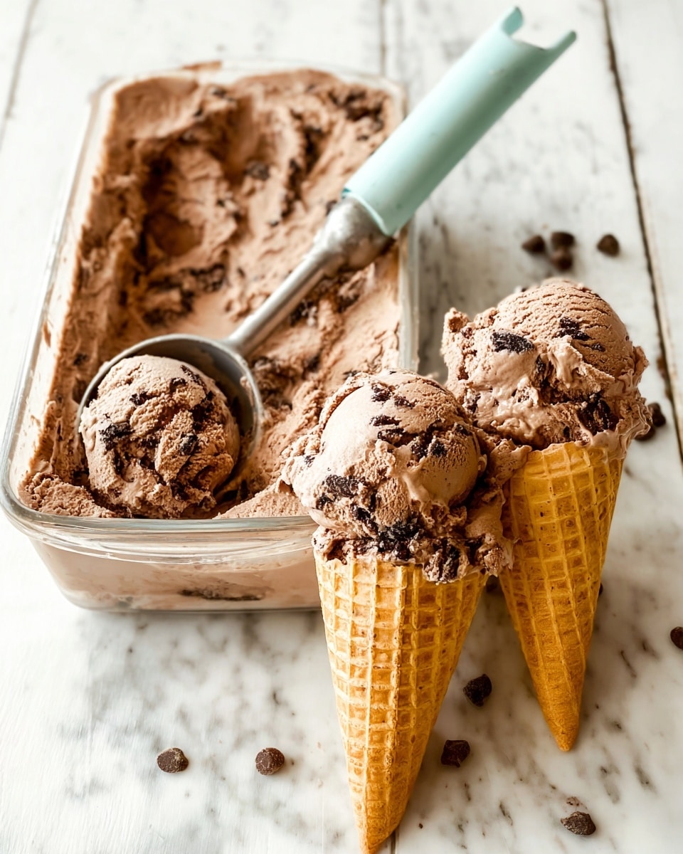 The image shows a clear rectangular container filled with chocolate ice cream that has a creamy and slightly rough texture, with visible dark chocolate chunks spread throughout. In front of the container are two waffle cones, each filled with two scoops of the same chocolate ice cream, the scoops having a round shape and the chunks visible in the ice cream. The cones have a light golden color and a crisp, grid-like texture. The whole scene is set on a white marbled surface, with a silver ice cream scoop with a light green handle resting inside the container. photo taken with an iphone --ar 4:5 --v 7