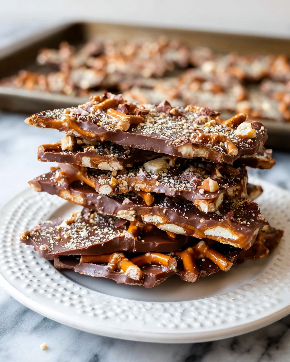A stack of five uneven layers of chocolate-covered pretzel bark rests on a white plate with a bubble edge. Each layer shows a base of crunchy pretzels with a smooth milk chocolate coating on top, sprinkled with crushed nuts and small chocolate chunks, adding a rough texture. The edges of the bark pieces are uneven and slightly curled. In the background, a baking tray holds more pieces of the same bark, placed on a surface with a white marbled texture. The overall scene is softly lit, highlighting the shine of the chocolate and the crunchy texture of the pretzels. photo taken with an iphone --ar 4:5 --v 7