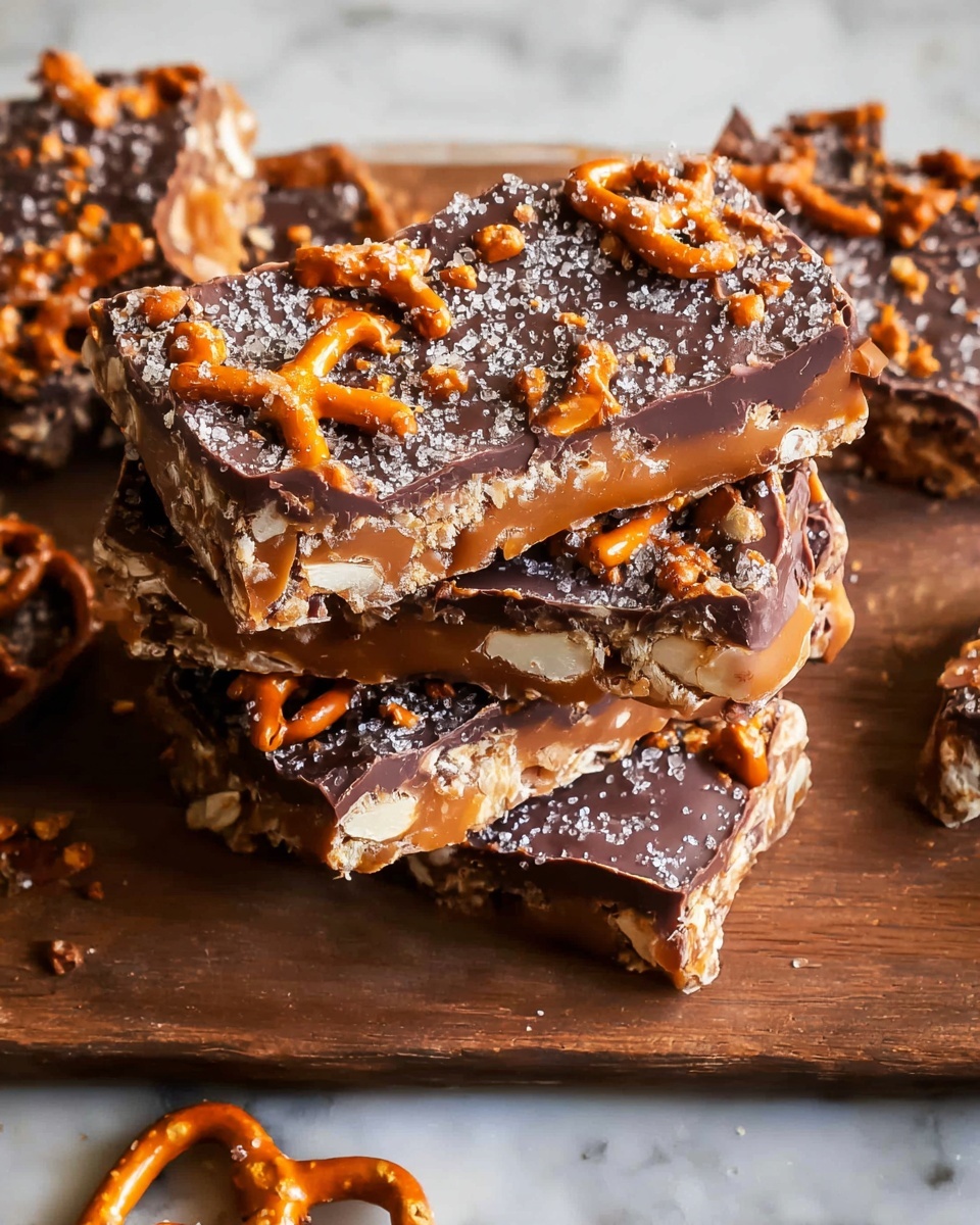 The image shows a stack of three chocolate pretzel bars placed on a small wooden board. Each bar has a thick dark brown chocolate layer on top, sprinkled with crushed pretzel pieces that are orange-brown with a rough texture. Under the chocolate is a lighter tan layer, possibly caramel, with visible whole pretzels embedded, showing their twisted shapes and orange color. The bottom layer looks like a crunchy light beige base. The bars have rough, uneven edges, and broken pieces of the bars lie around the board on a white marbled surface. photo taken with an iphone --ar 4:5 --v 7