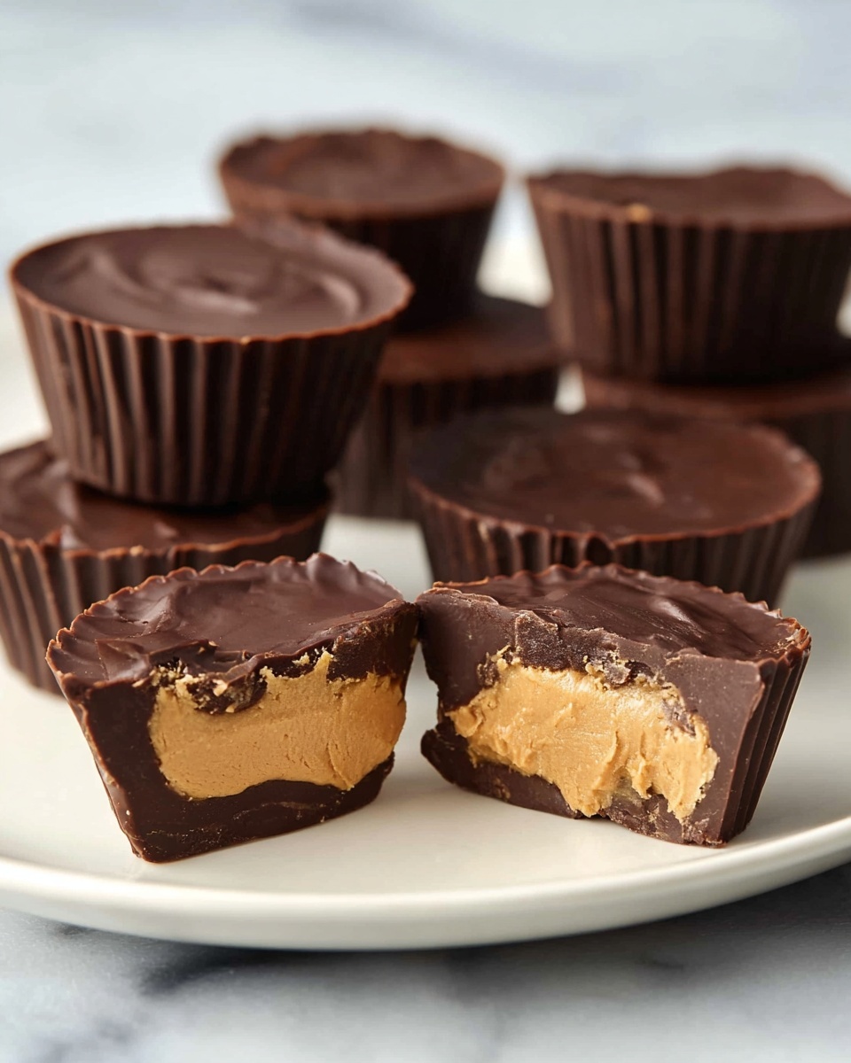 The image shows several small chocolate cups arranged on a white plate with a white marbled surface. There are seven chocolate cups in total, five whole and two cut open to reveal their filling. Each chocolate cup has two layers: a thick dark brown smooth chocolate outer layer with slight creases on top, and a light brown creamy peanut butter filling inside. The cut chocolate cups are positioned in the foreground, clearly showing the dense and smooth peanut butter center surrounded by the firm but glossy chocolate shell. The background displays the whole chocolate cups softly out of focus. photo taken with an iphone --ar 4:5 --v 7