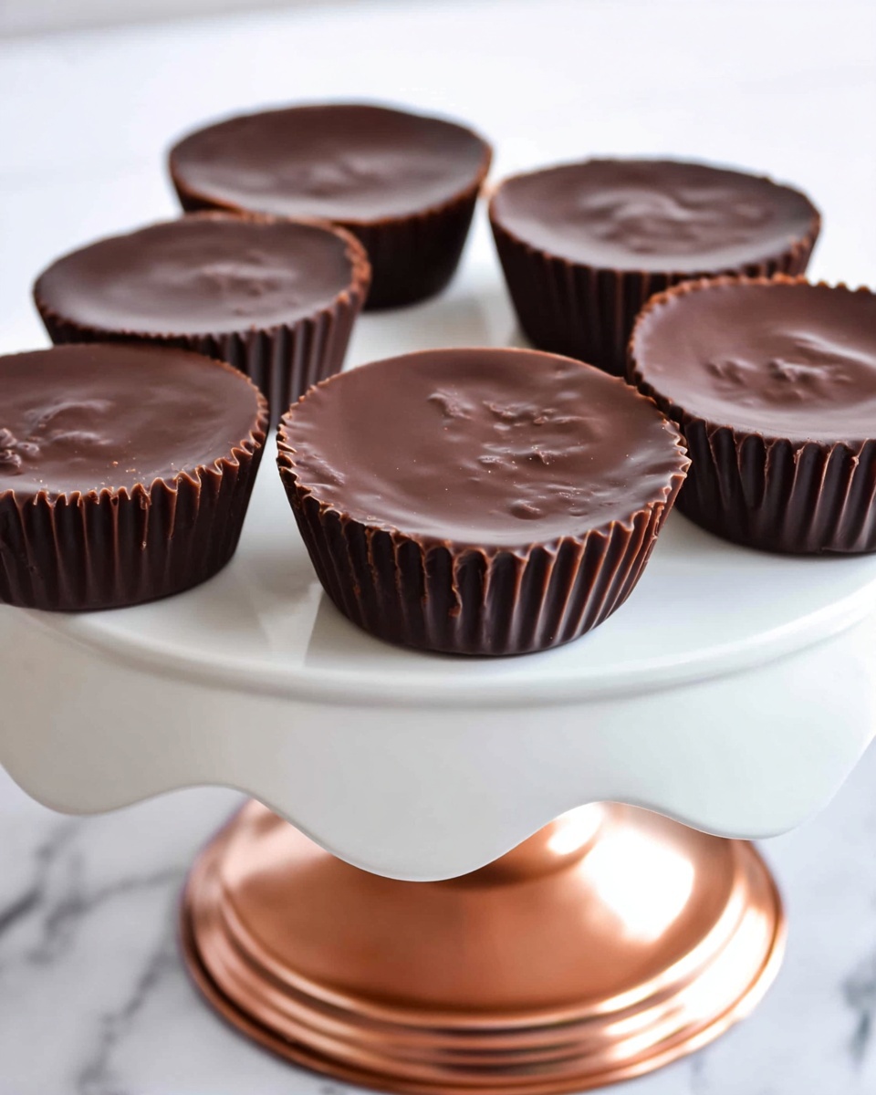 The image shows six chocolate cups placed on a white scalloped cake stand which has a metallic copper base. Each chocolate cup has a smooth, shiny dark brown surface with small swirled textures on top. The cups have ribbed edges made of darker chocolate that look firm and textured, giving a layered look with the smooth top filling contrasting the ridged sides. The background has a clean white marbled texture. photo taken with an iphone --ar 4:5 --v 7