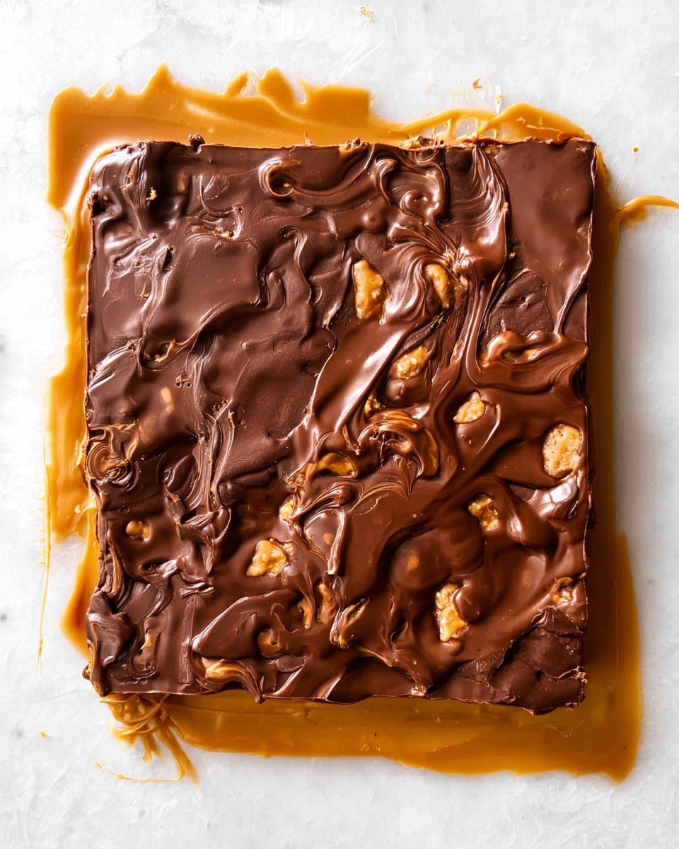 A square-shaped treat is shown on a white marble surface, made of two main layers. The bottom layer is a golden caramel with a smooth, shiny texture that spreads unevenly to the edges. On top, there is a dark brown chocolate layer, thick and glossy, with swirled patterns and small lumps that suggest bits mixed inside. The caramel slightly peeks out from the chocolate in some spots, creating a rich contrast between the warm golden caramel and the deep chocolate brown. The edges are irregular, and some caramel drips can be seen on the marble surface. Photo taken with an iphone --ar 4:5 --v 7