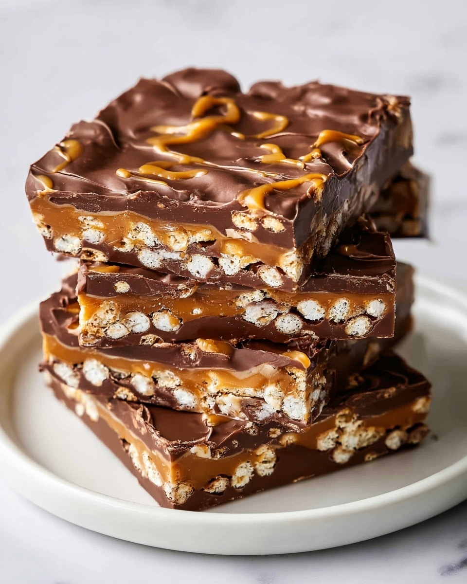 A stack of five irregular square bars with layers visible from the side, placed on a white plate with a white marbled texture surface. Each bar has a thick, glossy, dark brown chocolate top layer with swirls and patches of smooth, golden caramel drizzled unevenly across it. Below the chocolate, there is a lighter tan layer filled with white puffed cereal pieces embedded in the caramel, giving a textured and crunchy look. The bottom layer also appears to be a thin chocolate base holding the layers together. The bars are stacked unevenly, showing the layers clearly from the side. Photo taken with an iphone --ar 4:5 --v 7