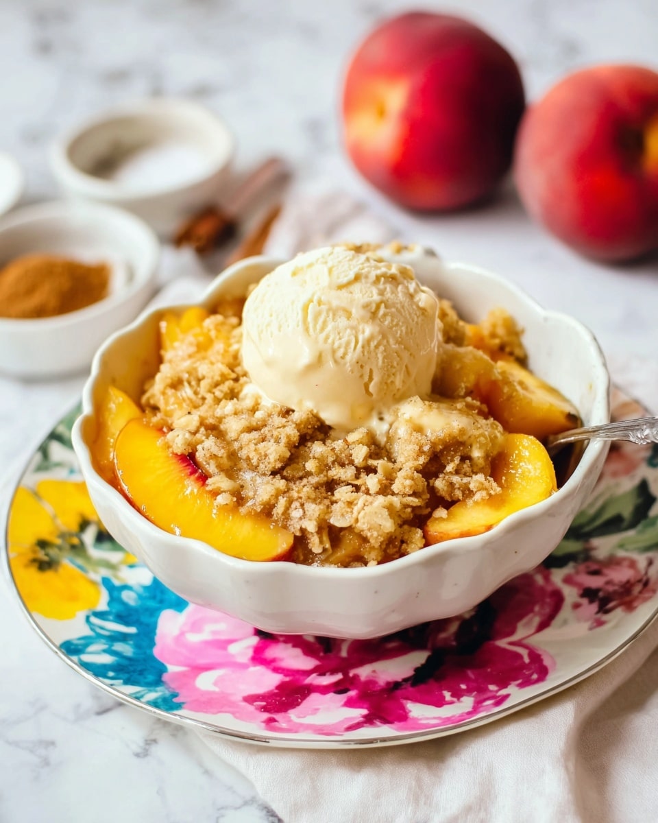 A white bowl filled with three main layers sits on a colorful plate with pink, blue, yellow, and white floral patterns, placed on a white marbled surface. The bottom layer consists of bright yellow peach slices with a juicy, soft texture, topped with a crumbly golden brown oat topping that looks crunchy and uneven. On the top center of the crumble is a scoop of smooth, creamy pale vanilla ice cream with a slightly melting appearance. In the background, there are two whole red peaches and small bowls with cinnamon and sugar, and a silver spoon is partially visible inside the bowl. Photo taken with an iphone --ar 4:5 --v 7