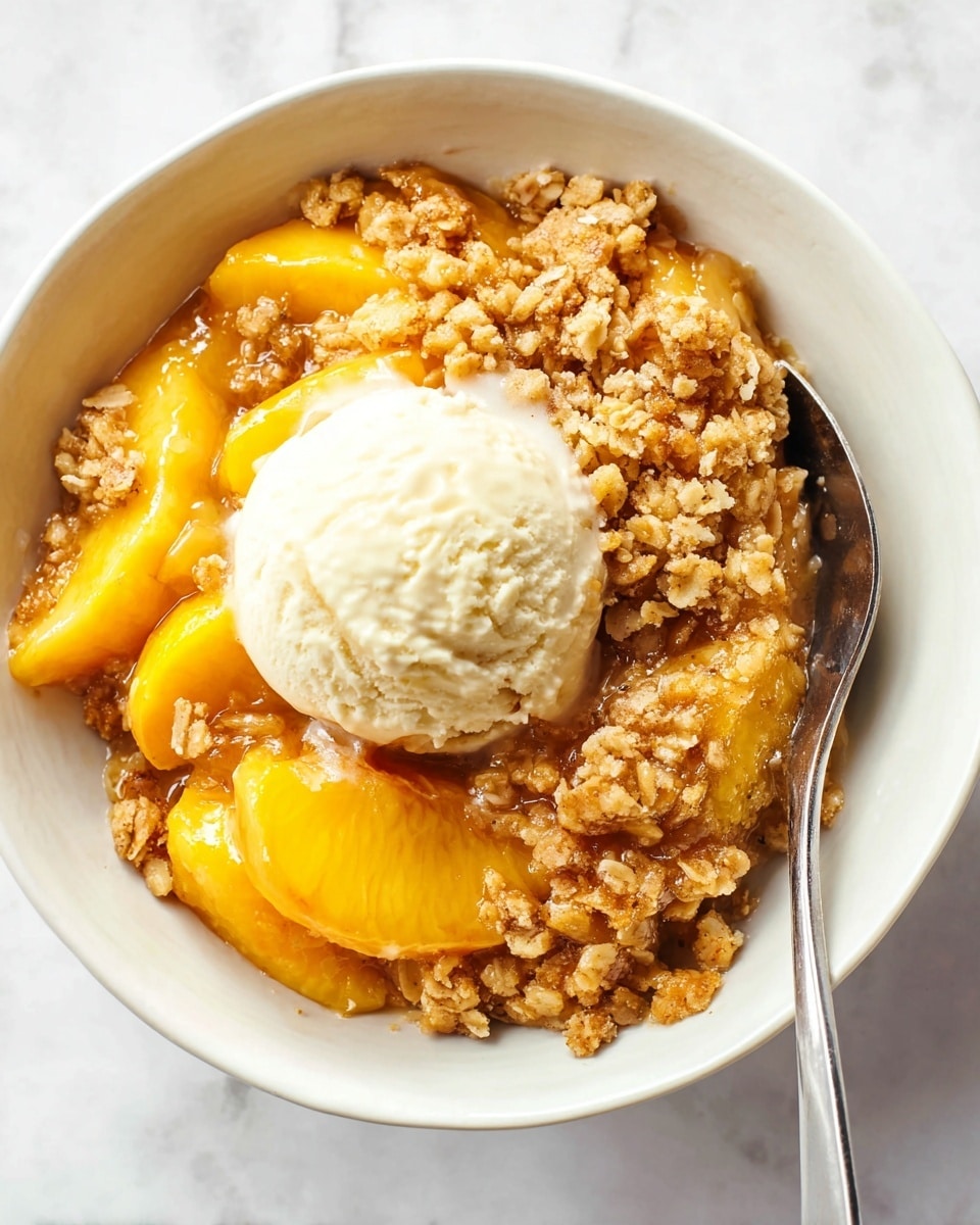 A round white bowl filled with a peach crumble dessert, showing three main layers: the bottom layer is made of soft, juicy orange-yellow peach slices, the middle layer is a chunky, golden-brown oat crumble topping with a rough texture, and the top layer has a round scoop of creamy, pale vanilla ice cream with a smooth, slightly melting surface placed on one side of the bowl. A silver spoon rests inside the bowl, and the whole dish is placed on a white marbled surface. Photo taken with an iphone --ar 4:5 --v 7