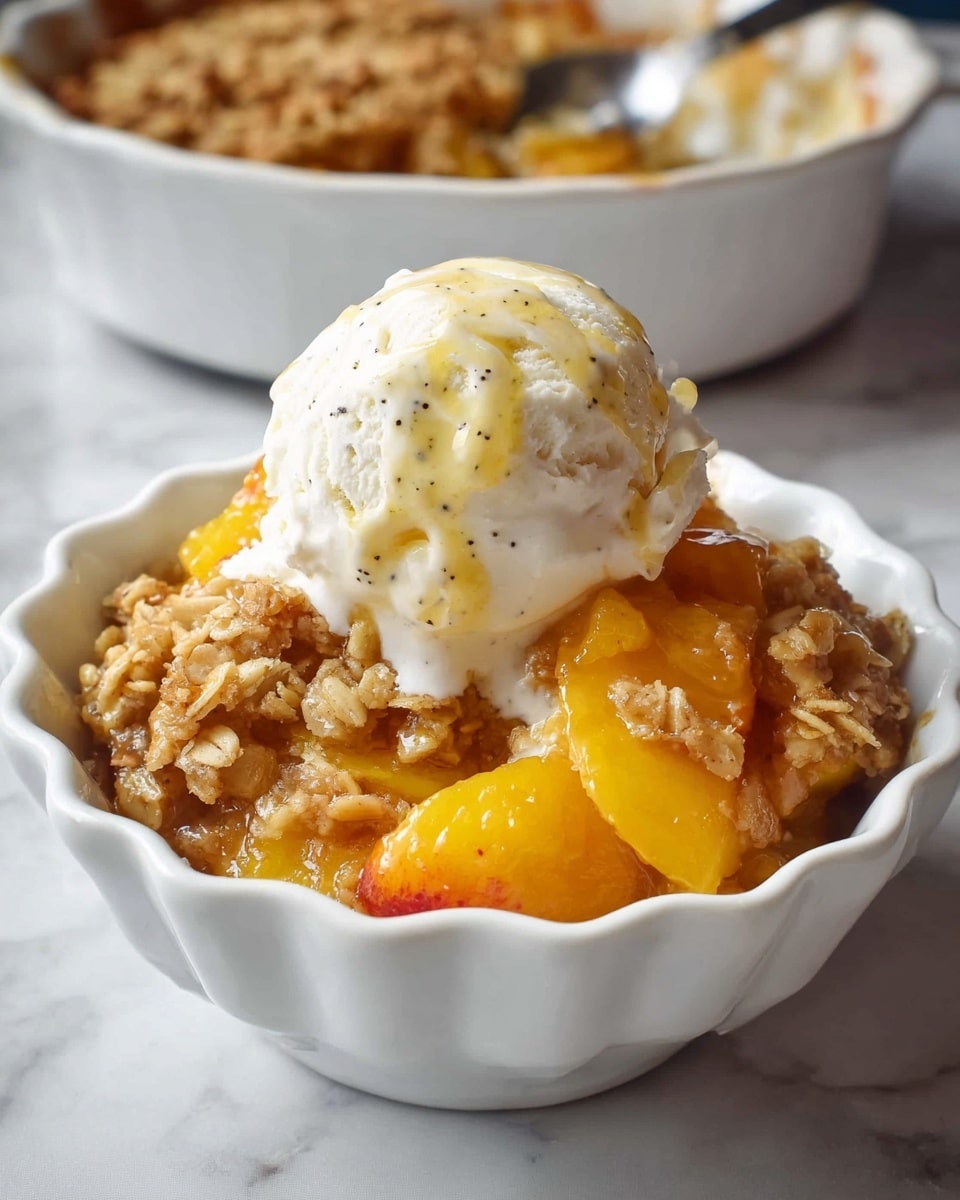 A white scalloped bowl filled with warm peach crisp, showing soft, bright yellow and orange peach slices mixed with a golden brown oat topping that looks crunchy and crumbly. On top, there is a large scoop of creamy vanilla ice cream with tiny black vanilla bean specks, slightly melting and dripping down over the warm dessert. The bowl sits on a white marbled surface with a larger white bowl of the same peach crisp blurred in the background. A spoon is visible in the larger bowl. photo taken with an iphone --ar 4:5 --v 7