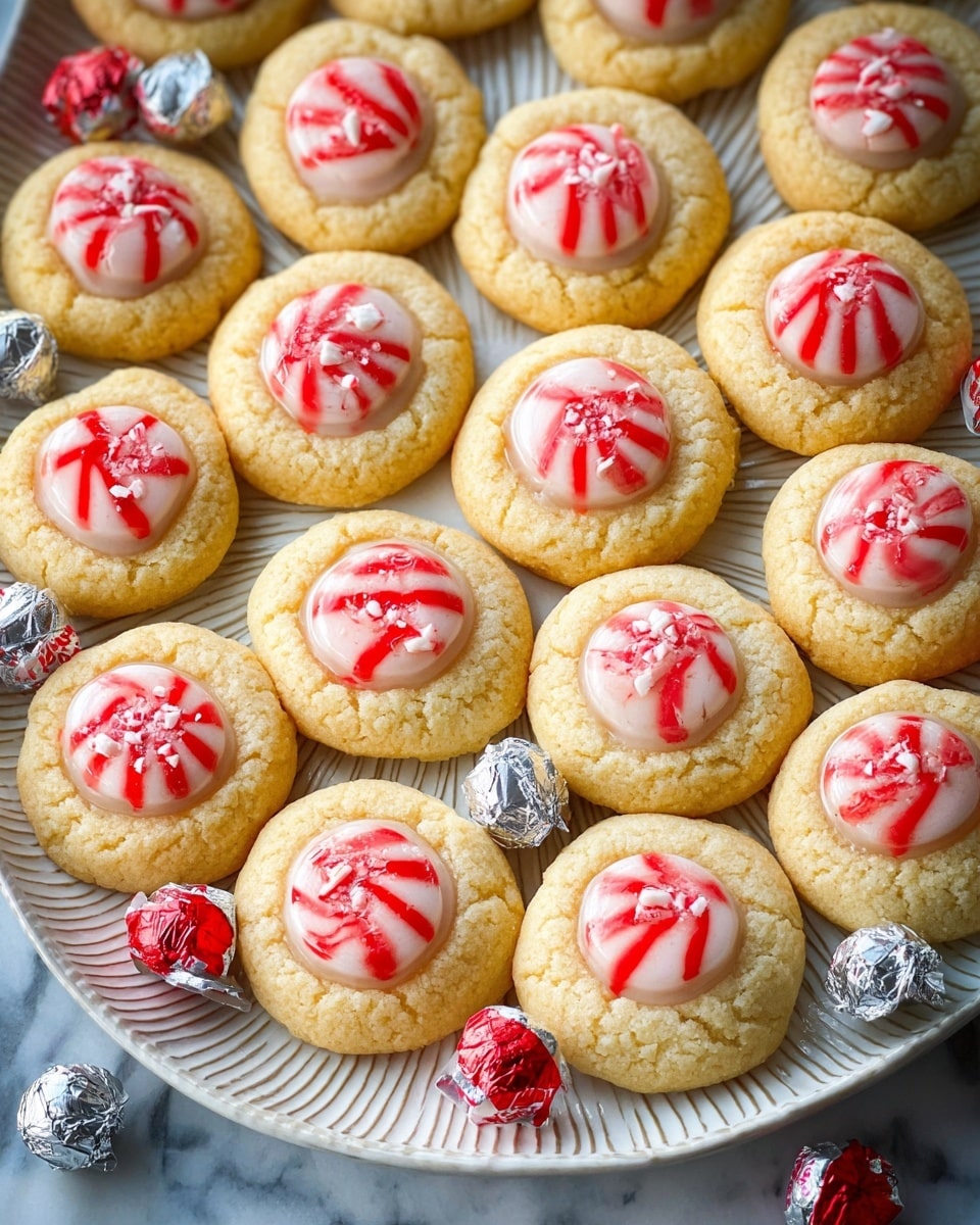 The image shows many round cookies with light golden color and a soft, slightly cracked texture forming the base layer. Each cookie has a second layer, a bright white chocolate candy with red stripes, placed in the middle, creating a raised center with smooth shiny texture. The cookies are arranged closely in rows on a white plate with a starburst pattern. Small wrapped candies in silver and red are scattered around the plate. The overall setting is on a white marbled surface. photo taken with an iphone --ar 4:5 --v 7