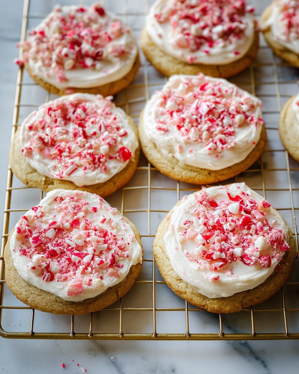Seven round cookies are placed on a gold cooling rack over a white marbled surface. Each cookie has a base layer of light golden brown cookie, topped with a smooth thick layer of white cream frosting. On top of the frosting, there is a scatter of crushed red and white candy pieces, adding a textured, colorful contrast to the creamy surface. The scene is brightly lit, highlighting the smoothness of the frosting and the vibrant red candy pieces photo taken with an iphone --ar 4:5 --v 7