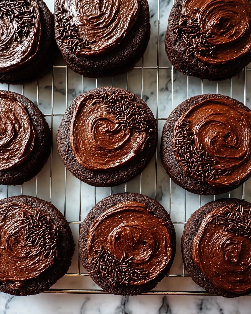 The image shows eight round chocolate cookies cooling on a metal wire rack. Each cookie has one thick layer of smooth, dark chocolate frosting spread on top with visible swirl patterns that create a shiny, textured surface. On one side of the frosting on each cookie, there is a small pile of dark brown chocolate sprinkles that add a slightly rough texture. The cookies themselves are dark brown and look soft but firm, contrasting slightly with the darker frosting. The scene is set on a white marbled surface, giving a clean background to the rich chocolate colors photo taken with an iphone --ar 4:5 --v 7