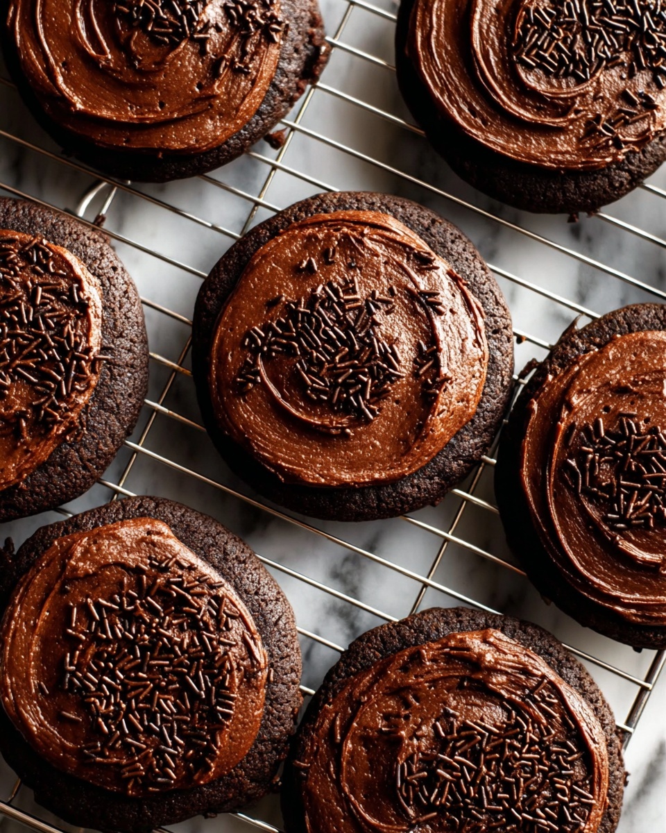 The image shows seven dark chocolate cookies laid out on a silver cooling rack placed on a white marbled surface. Each cookie has one thick layer of smooth, glossy, dark brown chocolate frosting covering the top. On parts of the frosting, a cluster of small, dark chocolate sprinkles adds texture and contrast. The cookies have a round, slightly uneven shape with a soft, rich texture. The photo captures close-up details of the frosting swirls and the shiny sprinkles, showing a homemade and inviting look. Photo taken with an iphone --ar 4:5 --v 7