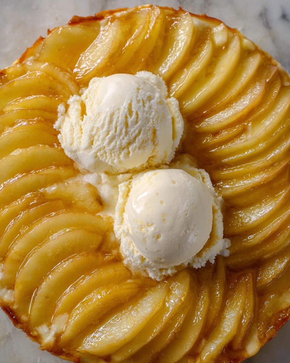This image shows a dessert with two scoops of creamy white vanilla ice cream placed on top of thin, evenly layered slices of golden-yellow cooked apples arranged in overlapping rows. The apples have a shiny glaze, giving them a smooth, slightly wet look. The dessert sits on a white marbled surface. Photo taken with an iphone --ar 4:5 --v 7