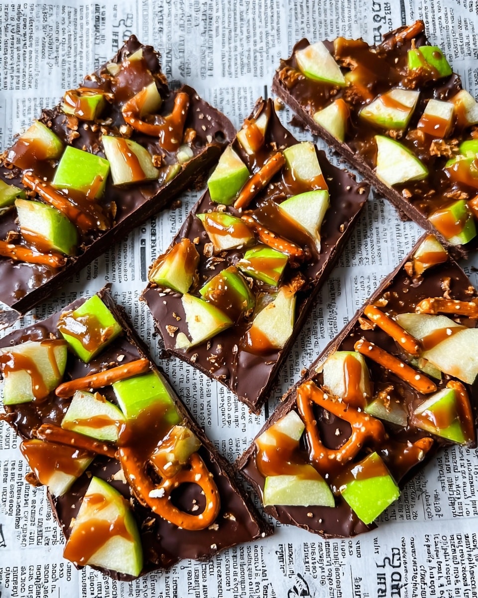The image shows five pieces of dark chocolate bark arranged on a white marbled surface covered with newspaper print. Each chocolate piece has a thick, rich dark brown base with a smooth and slightly shiny texture. On top, there are scattered chunks of green apple, irregular in shape with light green skin and pale white flesh. Thin, light orange pretzel sticks are spread on each piece, adding a crunchy texture. The whole bark is drizzled with glossy, deep caramel-colored sauce that covers some apple pieces and pretzels unevenly, creating a layered and sticky look. photo taken with an iphone --ar 4:5 --v 7
