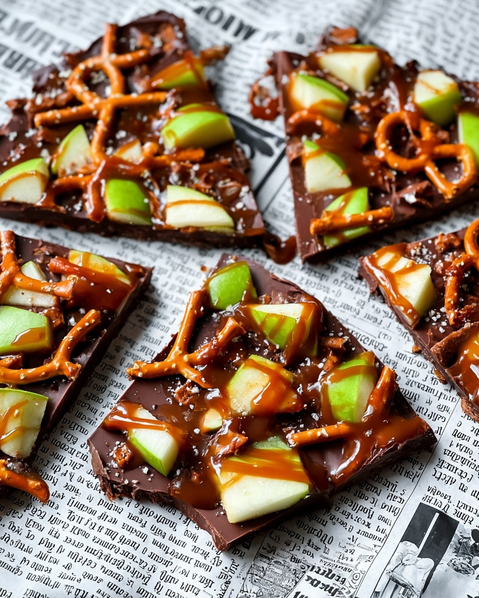 Caramel Apple Pretzel Chocolate Bark Recipe 6 A slice of chocolate bark candy is shown on a white spatula lifting it up, with more pieces in the blurry background on white newspaper. The chocolate layer is dark brown and thick at the bottom, studded with bits of nuts visible through it. On top, there are bright green apple chunks scattered unevenly, fresh and shiny. Covering the apple pieces is a thick, smooth layer of caramel sauce that glistens warmly. The entire scene is set against a white marbled texture under the newspaper. Photo taken with an iphone --ar 4:5 --v 7