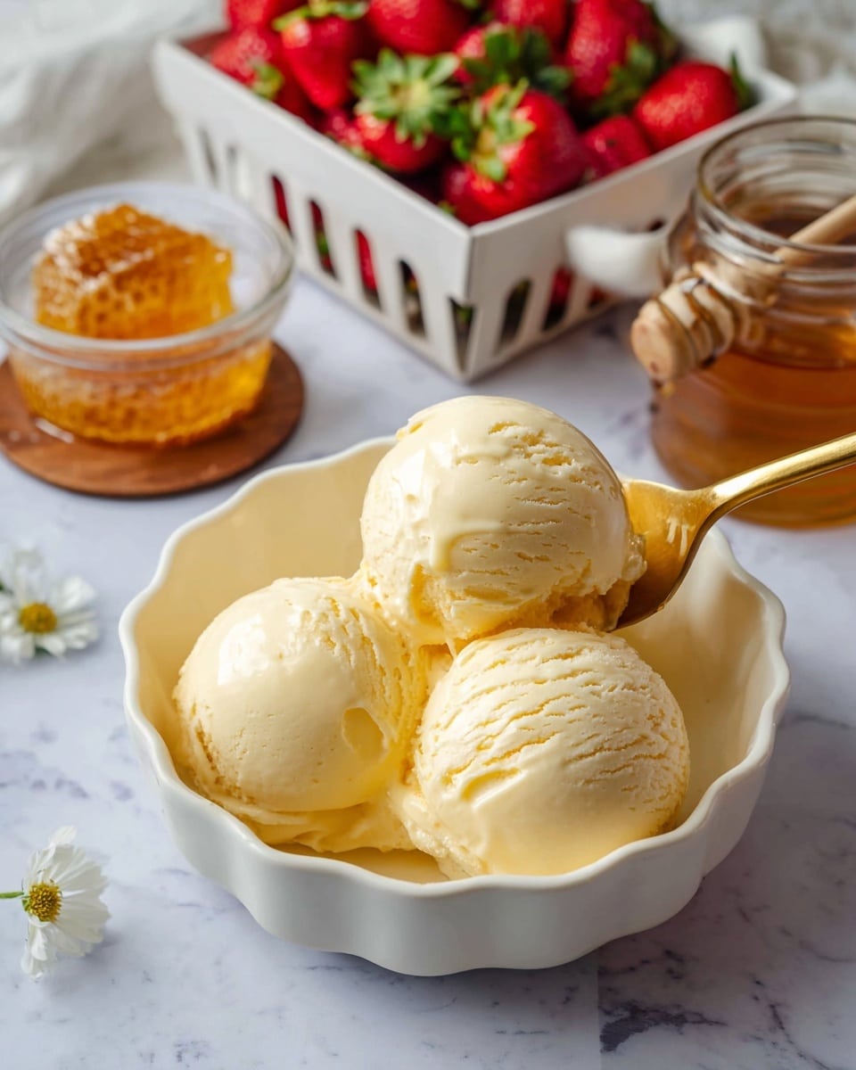 The image shows three round scoops of light creamy yellow ice cream served in a white scalloped bowl. A gold spoon lifts one scoop, showing the smooth texture of the ice cream. In the background, there is a white basket filled with bright red strawberries with green leaves and a small white flower on one. Nearby, a small clear bowl holds honeycomb with golden honey. There is also a small jar with a golden lid, placed on a wooden coaster with a honey dipper next to it. All items are on a white marbled surface. Photo taken with an iphone --ar 4:5 --v 7