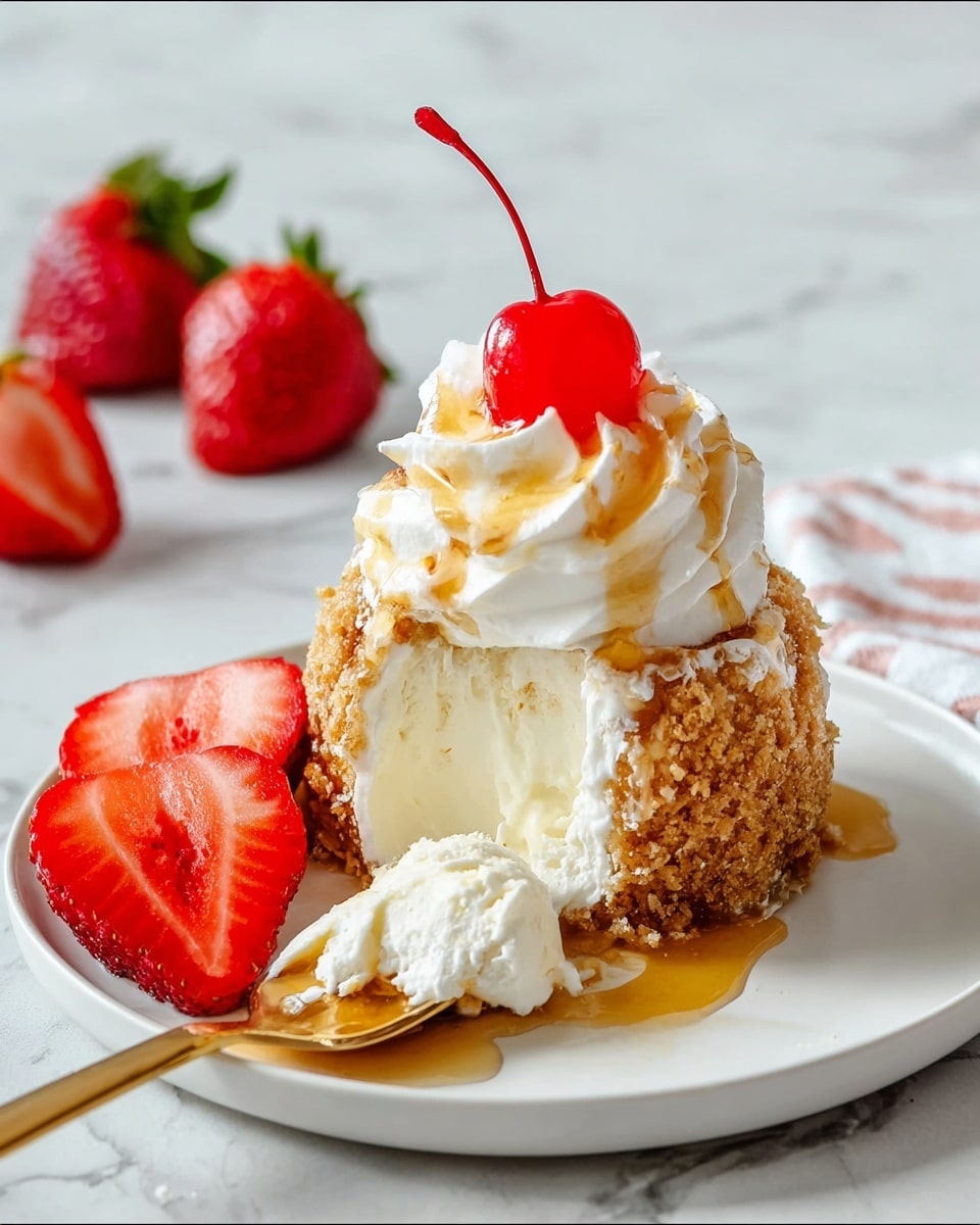 A white plate holds a round dessert with a crunchy golden-brown outer layer and a smooth, creamy white ice cream inside, which is partially scooped out with a gold spoon resting on the plate. On top of the dessert is a swirl of white whipped cream drizzled with light amber syrup and crowned with a bright red cherry. To the side of the dessert are two halves of a fresh, red strawberry with green leaves, and in the background, slightly out of focus, are two whole strawberries. The plate sits on a white marbled textured surface. Photo taken with an iphone --ar 4:5 --v 7