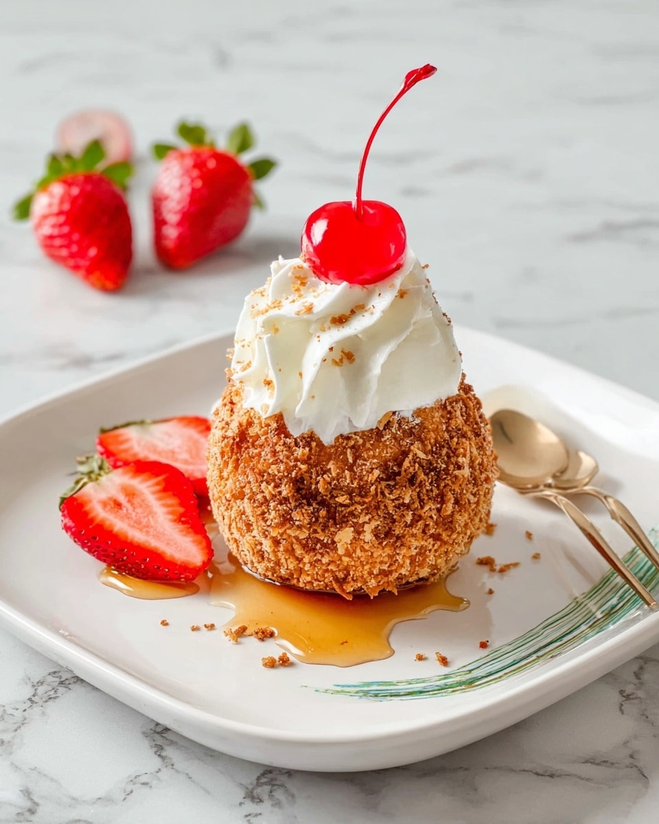 A dessert is shown on a white plate with a green brushstroke design near the edge, placed on a white marbled surface. The dessert has three visible layers: the bottom layer is a rough-textured, round golden-brown fried ball with a crunchy appearance; the middle layer is a thick swirl of white whipped cream sitting on top of the fried ball; the top layer is a bright red maraschino cherry with a stem, placed on the whipped cream. On the plate near the dessert are two fresh strawberry halves, bright red with visible seeds and green leaves still attached, with three whole strawberries in the background. A light amber syrup drizzles from the top of the dessert and pools around the base, adding a glossy effect. A gold-colored spoon lies on the right side of the plate. Photo taken with an iphone --ar 4:5 --v 7