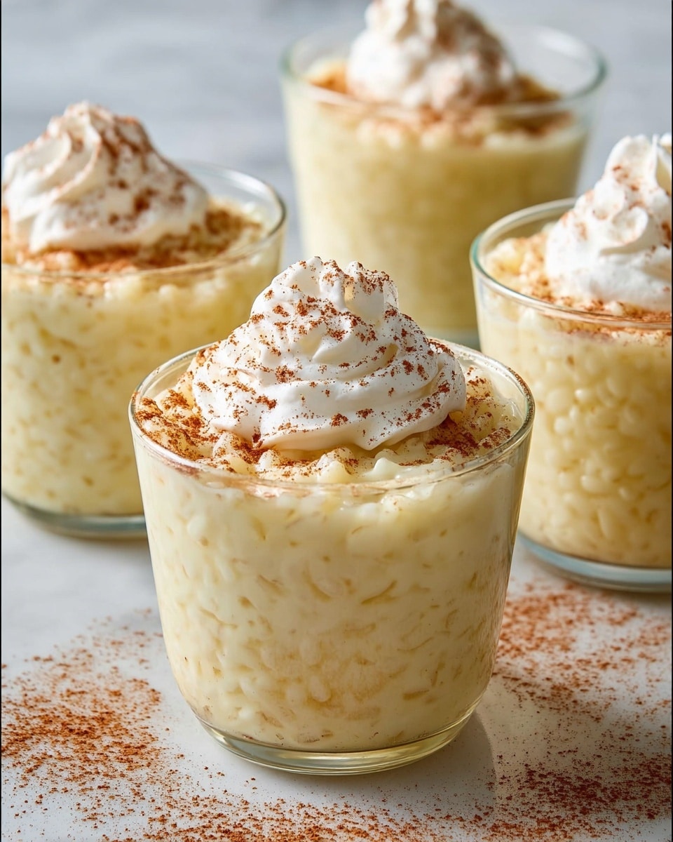 The image shows four glass cups filled with a creamy, light yellow rice pudding that has visible grains of rice throughout. Each cup is topped with a large dollop of white whipped cream sprinkled with a light dusting of brown cinnamon powder. The cups are placed on a white marbled surface, with some cinnamon powder scattered near the front cup, which is in clear focus while the others are softly blurred in the background. The cups vary slightly in shape but all have a clear, smooth texture, giving a fresh and inviting look to the dessert photo taken with an iphone --ar 4:5 --v 7