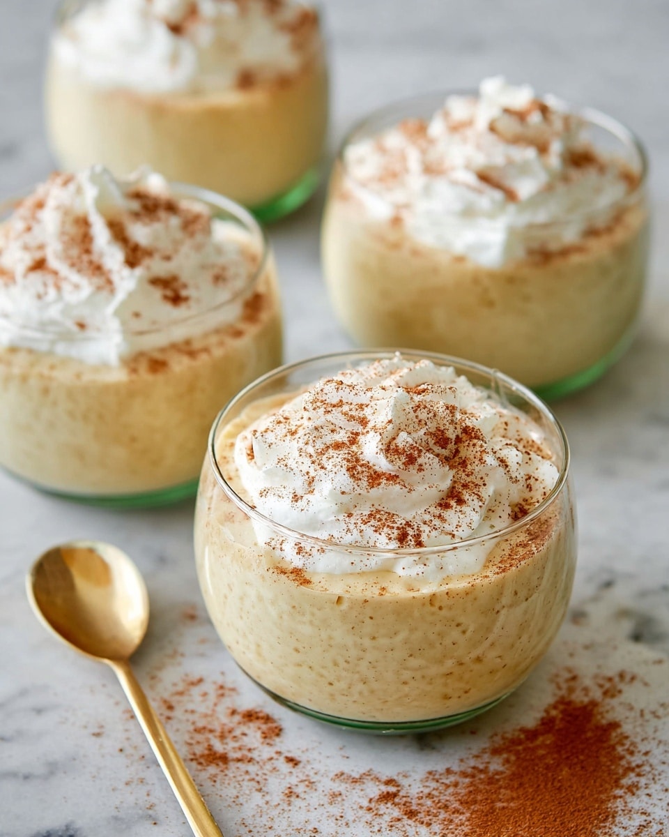 Four clear glass small bowls are filled with a creamy light beige pudding layer that has a slightly grainy texture. Each bowl is topped with a soft white whipped cream dollop, sprinkled with a light dusting of reddish-brown cinnamon powder. The bowls are set on a white marbled surface with a small pile of cinnamon powder beside them. A gold spoon is placed on the side, adding a touch of color contrast to the scene. The focus is on the front bowl, with the other three blurred softly in the background, softly lit with natural light. Photo taken with an iphone --ar 4:5 --v 7