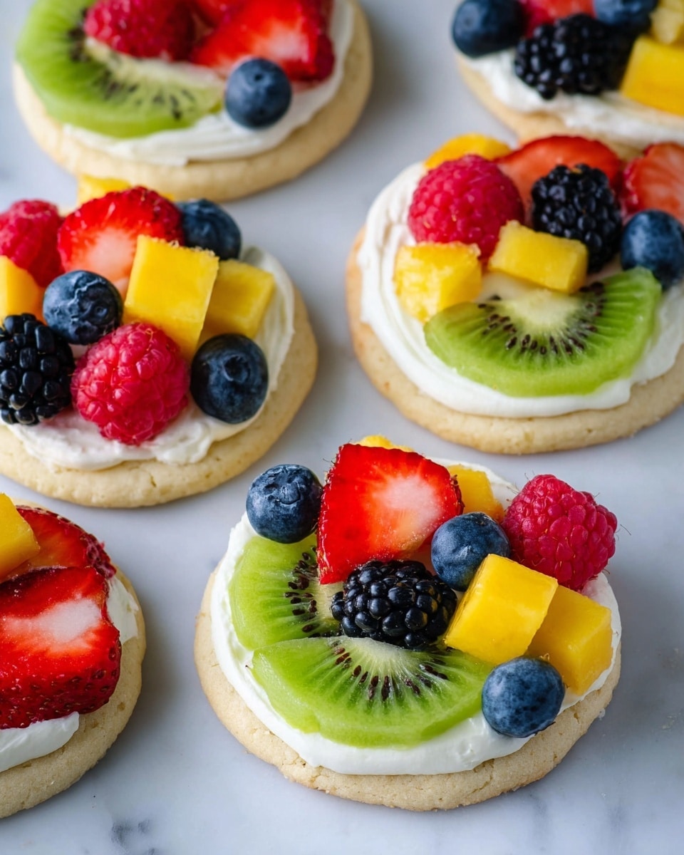 The image shows several round cookies with a smooth, pale golden base layer. Each cookie is topped with a thick, creamy white frosting layer. On top of the frosting, there is an arrangement of colorful fresh fruit pieces: bright green kiwi slices with black seeds, red strawberry slices, plump red raspberries, deep blue blueberries, small yellow mango chunks, and shiny black blackberries. The cookies are placed on a white marbled surface for the background. The photo taken with an iphone --ar 4:5 --v 7