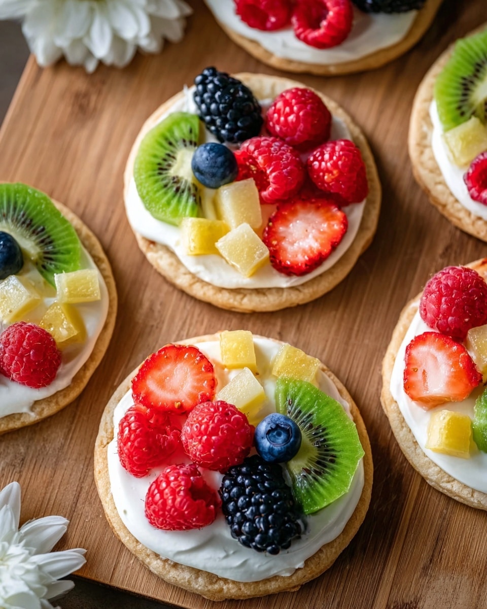Round cookies topped with a smooth white cream layer, each covered with small pieces of colorful fruit arranged in a loose pattern. The fruits include bright red raspberries, sliced red strawberries, green kiwi segments with visible black seeds, a single dark blue blueberry, blackberries, and small pale yellow cubes arranged on top. The cookies rest on a wooden board with a natural grain pattern visible in the background. A white flower is placed near the cookies, enhancing the fresh and vibrant look. Photo taken with an iphone --ar 4:5 --v 7