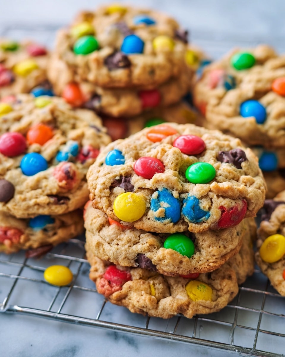A close-up view of a pile of cookies stacked on a silver metal cooling rack over a white marbled surface. Each cookie has a golden-brown base with a rough texture filled with colorful candy-coated chocolates in bright red, yellow, blue, green, and orange colors scattered on top and embedded throughout. Some dark brown chocolate chips are visible among the candies, adding contrast. The cookies are round but uneven, showing a homemade look with a slightly bumpy surface. The photo has bright natural lighting that highlights the vibrant colors and textures of the cookies. Photo taken with an iphone --ar 4:5 --v 7