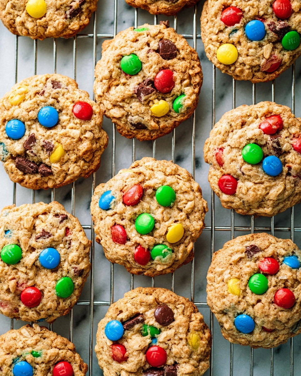 This image shows a close top view of ten round oatmeal cookies on a metal cooling rack over a white marbled surface. Each cookie has a rough textured oatmeal base in light brown with bright colorful candy-coated chocolate pieces in red, green, blue, yellow, and brown scattered all over, some slightly melted. The cookies are thick and soft-looking with uneven edges and small chocolate chunks mixed into the cookie dough. Photo taken with an iphone --ar 4:5 --v 7