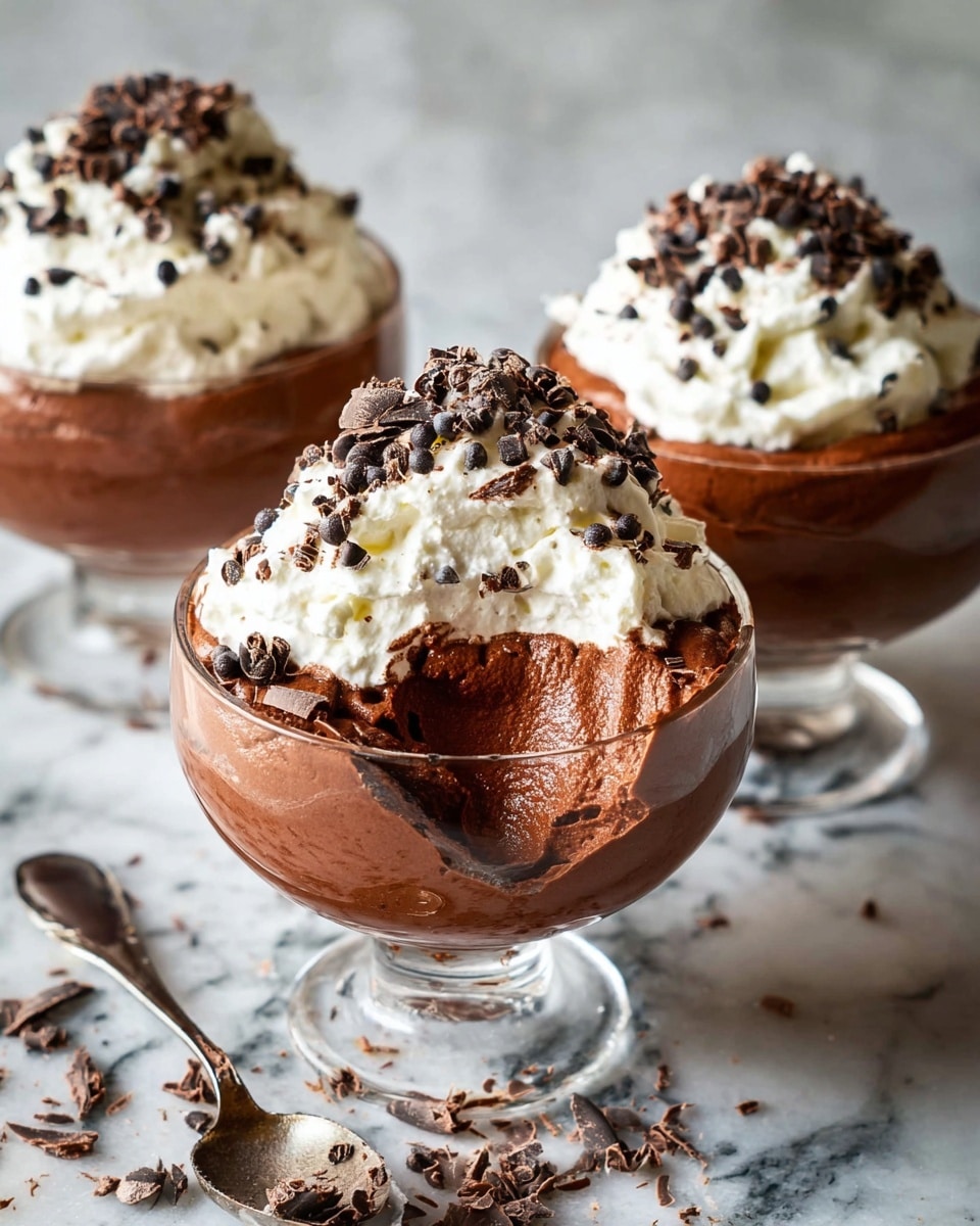 The image shows three glass dessert bowls filled with chocolate mousse. Each bowl has a deep brown, creamy chocolate mousse base that looks smooth and rich. On top of the mousse is a thick layer of white whipped cream with a soft, fluffy texture. The whipped cream is sprinkled with small dark brown chocolate curls, adding texture and contrast to the dessert. The front bowl has a scoop taken out, revealing the dense mousse inside. Some chocolate curls are scattered around the bowls on a white marbled surface. photo taken with an iphone --ar 4:5 --v 7