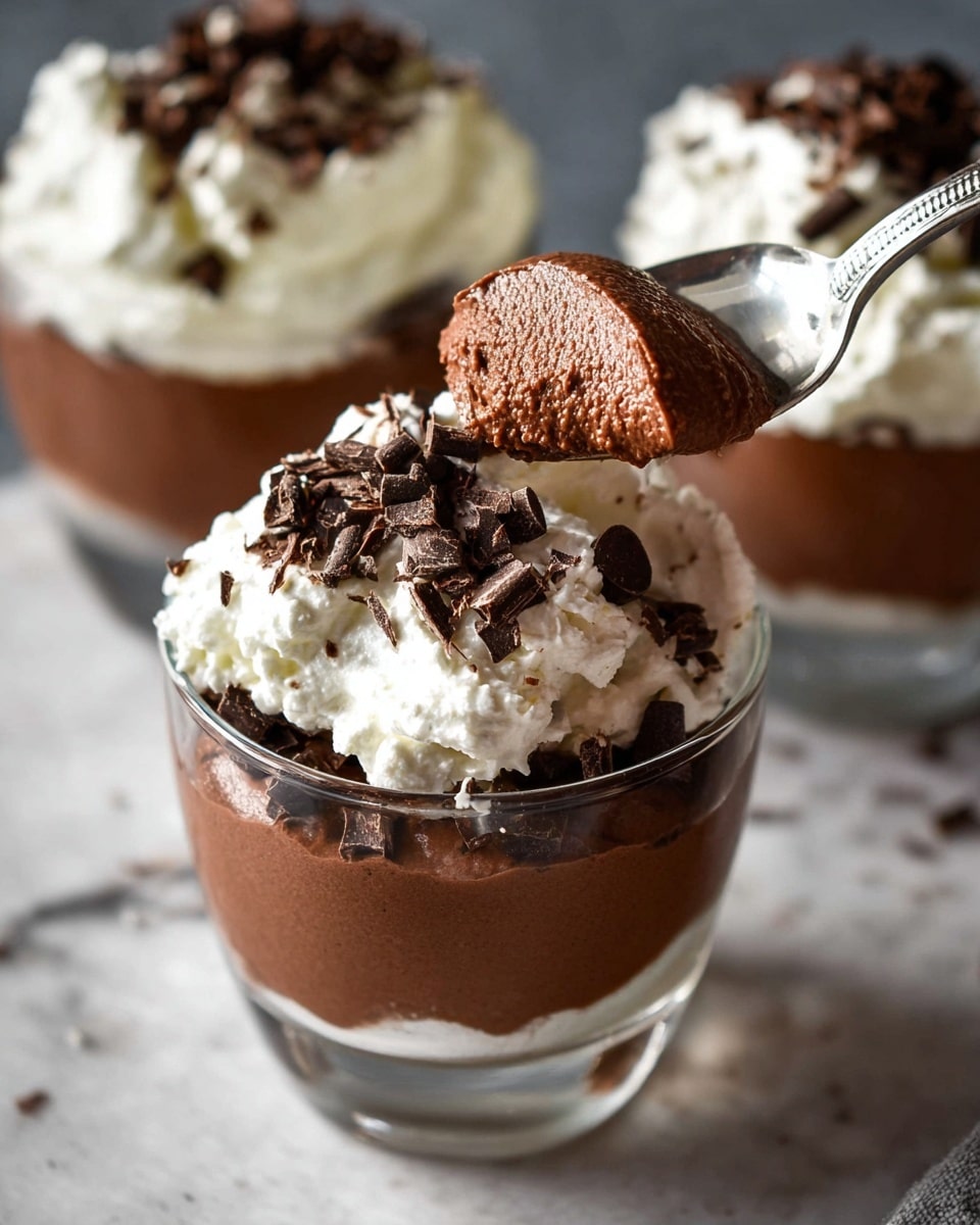 The image shows a glass dessert cup filled with three layers: a smooth, dark brown chocolate mousse at the bottom, topped with a thick layer of white whipped cream, and finished with small, dark chocolate curls scattered on top. A spoon lifts some of the chocolate mousse from the cup, showing its creamy texture. The dessert is placed on a white marbled texture surface, and two more similar dessert cups are blurred in the background. The light highlights the creamy and rich textures of the mousse and whipped cream. photo taken with an iphone --ar 4:5 --v 7