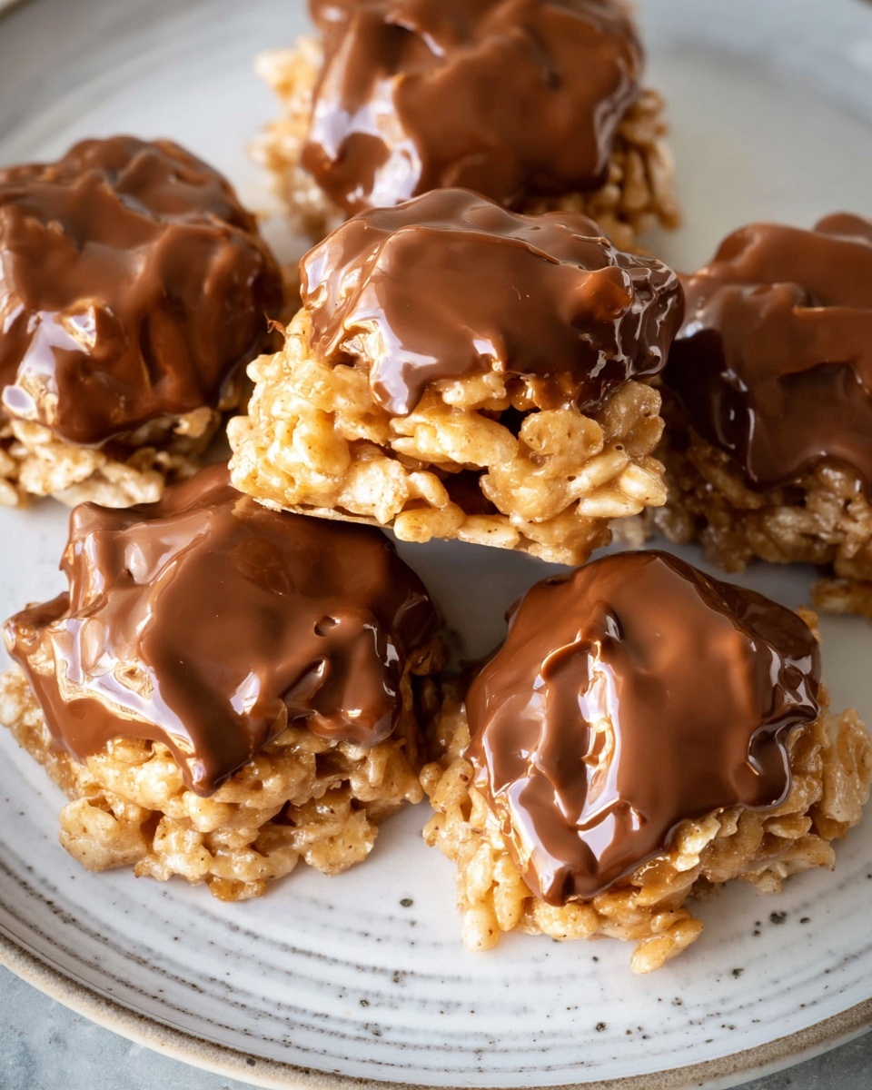 The image shows five round clusters of light beige square cereal pieces mixed and bound together, each topped with a thick, glossy layer of melted dark brown chocolate that looks smooth and shiny. The clusters are placed on a white plate with soft gray speckles and a subtle concentric pattern on its surface. The cereal pieces are irregularly stacked, forming a rough and textured base under the even, rich chocolate layer. The photo taken with an iphone --ar 4:5 --v 7
