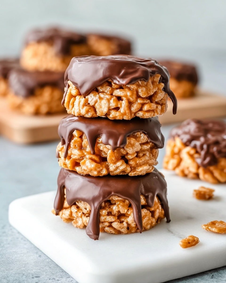 The image shows a stack of three round cereal clusters coated in a shiny caramel-like layer, with each cluster topped with a smooth, thick layer of melted dark chocolate dripping slightly down the sides. The cereal pieces are light golden brown and have a textured surface. In the background, more clusters sit on a white marble surface supported by a white tray and a small wooden board. The overall scene has soft lighting and a simple, clean look. Photo taken with an iphone --ar 4:5 --v 7