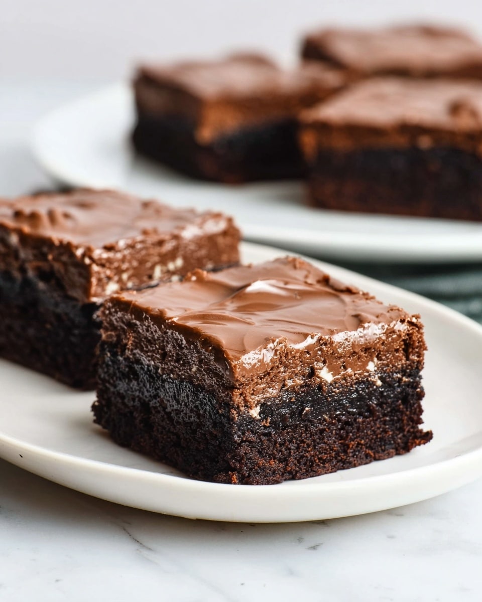 Three square brownies sit on a white plate over a white marbled surface. Each brownie has two layers: a bottom dark brown, dense and moist cake layer with a rough texture, and a top smooth and shiny milk chocolate layer, slightly wavy with light reflections. The brownies are thick and evenly cut, showing clean edges. In the background, slightly out of focus, a few more brownies rest on another white plate. A woman's hand touches one of the brownies in the far right. Photo taken with an iphone --ar 4:5 --v 7